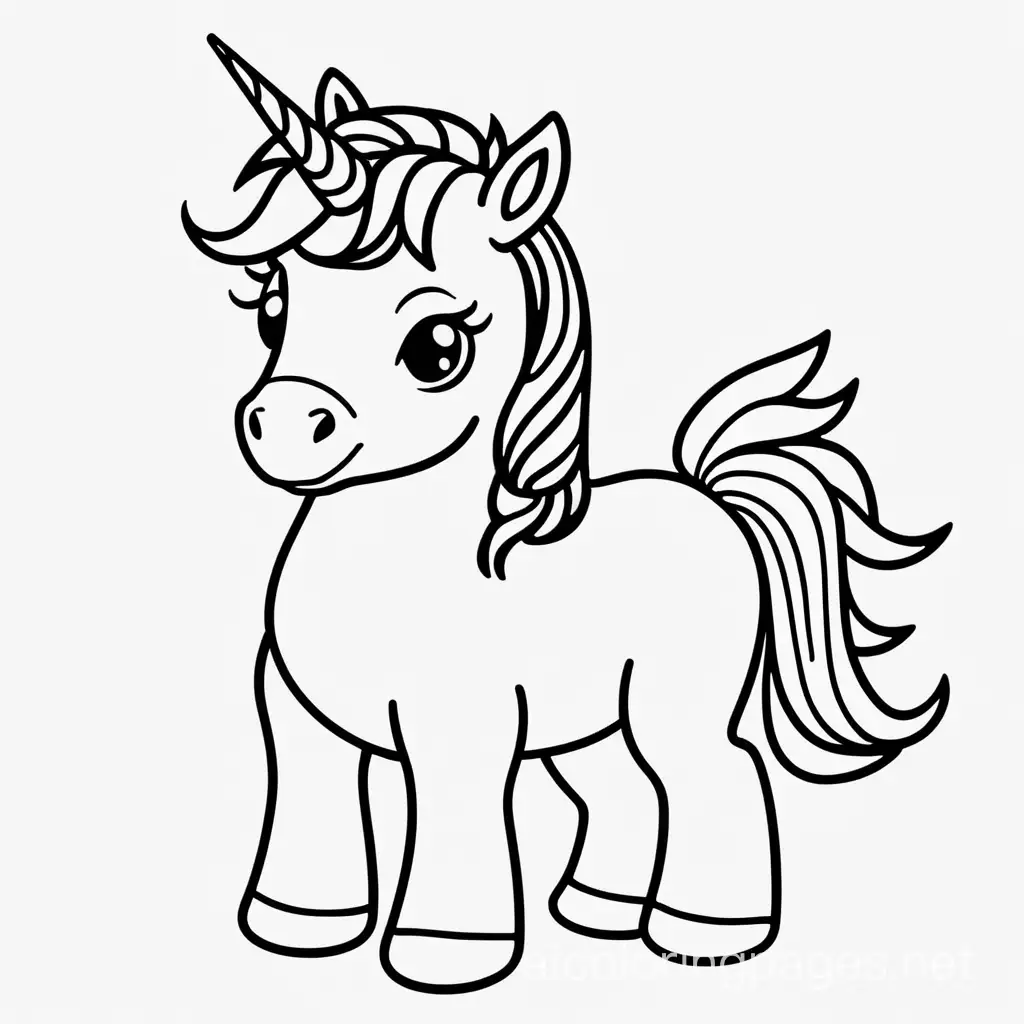 Baby unicorn bold line no background, Coloring Page, black and white, line art, white background, Simplicity, Ample White Space. The background of the coloring page is plain white to make it easy for young children to color within the lines. The outlines of all the subjects are easy to distinguish, making it simple for kids to color without too much difficulty