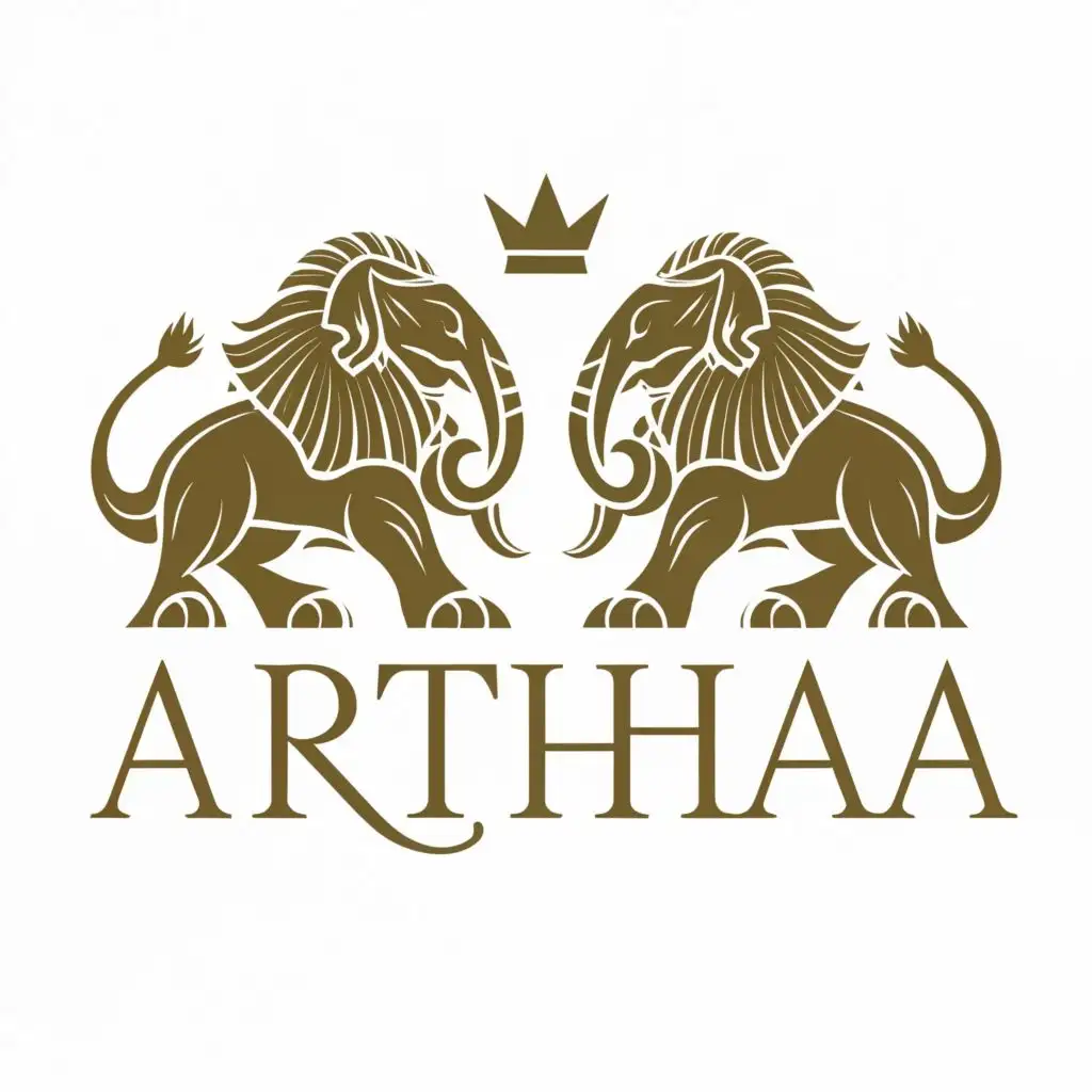 logo, Royal Elephant and Royal Lion, with the text "Arthaa", typography. Add Elephant in the logo.