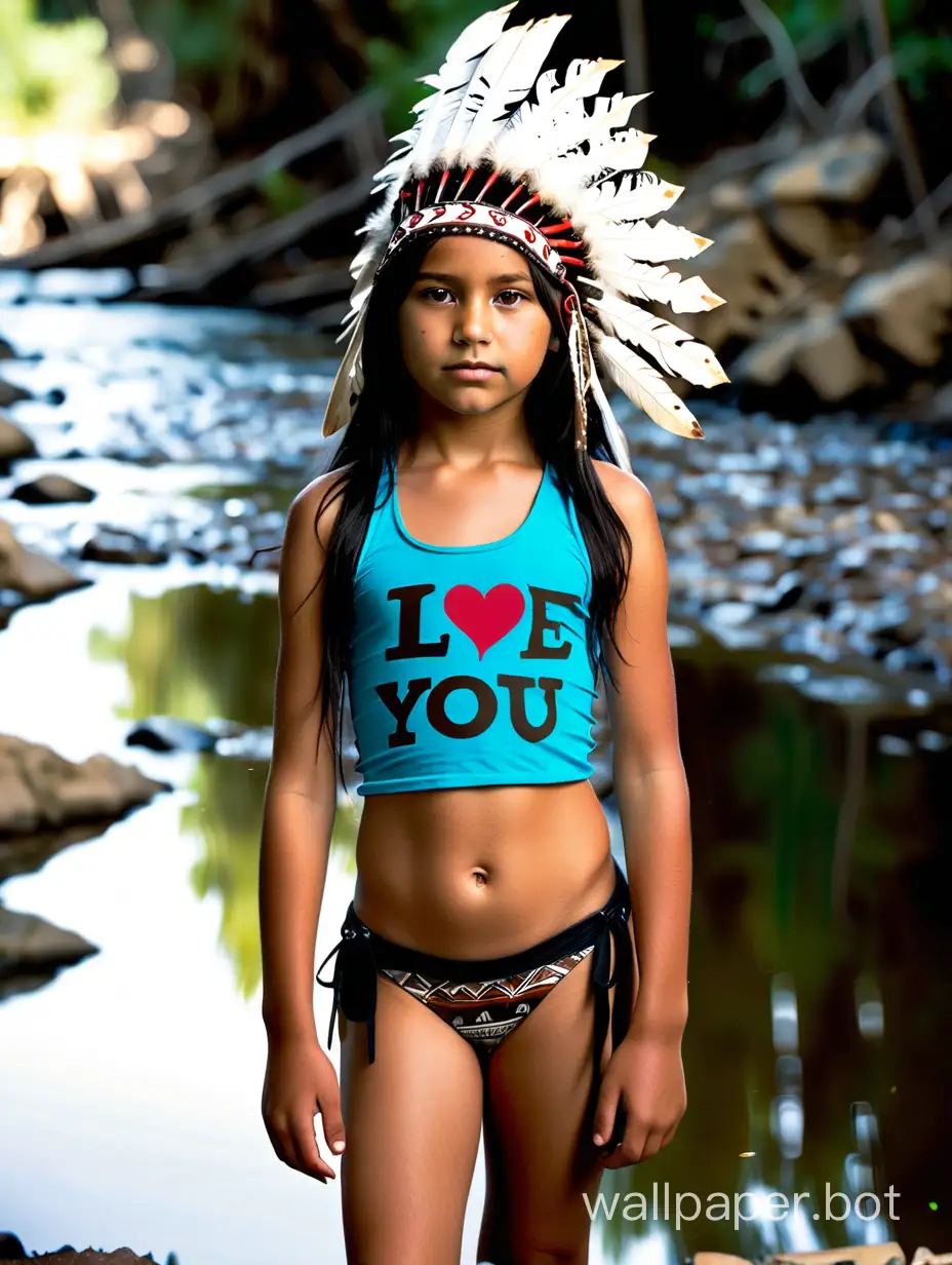 12 year old native American girl black hair brown eyes in a headdress wearing a tabk top that says "I love you Brian " and wearing a black bikini standing by  a creek 