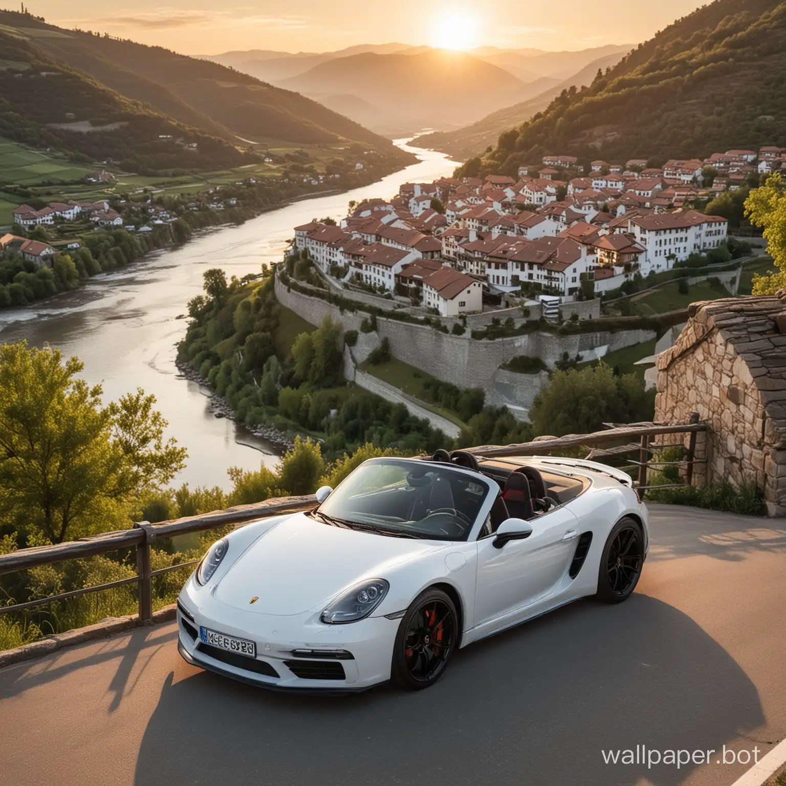 A white Porsche 718 boxter GTS parked in front of a view over a valley with a river and a very small village while the sun is setting