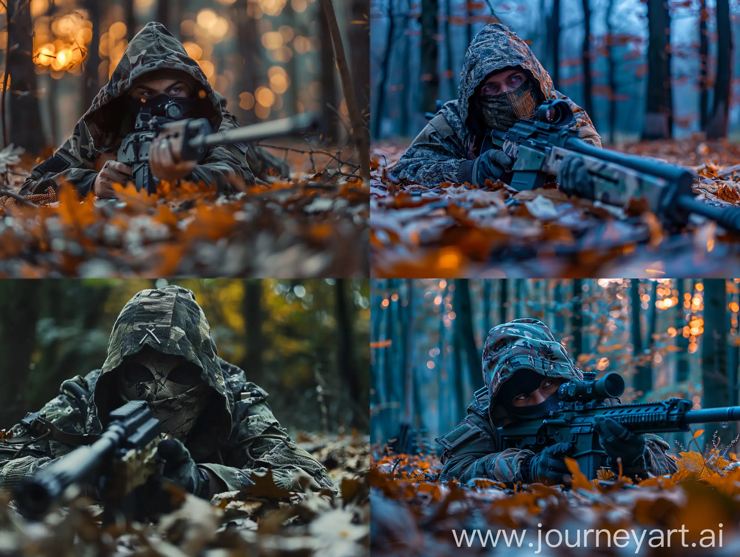 мужчина снайпер в маске, с капюшоном на голове, лежит на земле, маскировка, листья, в руках держит снайперскую винтовку, ищет мишень, вечер, действие происходит в лесу, реализм