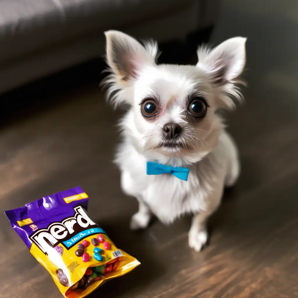 Curious Small Dog Fascinated by NERD Candy Package