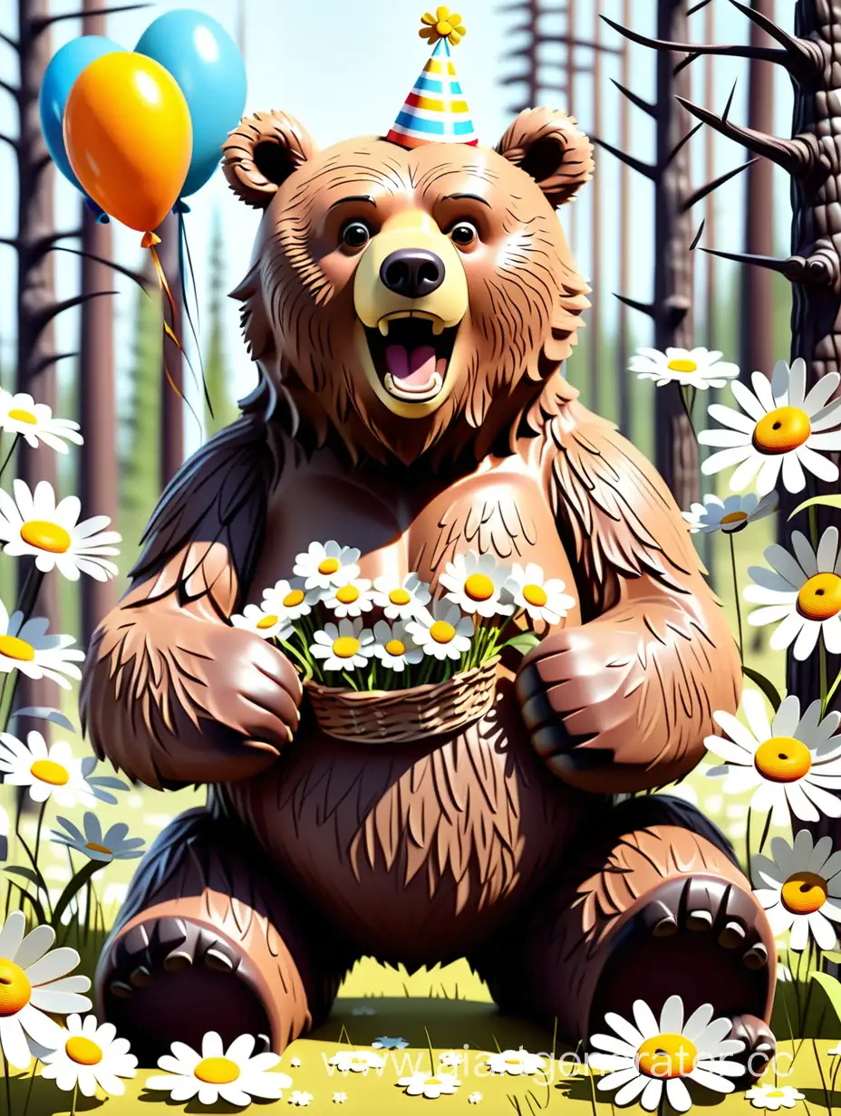 Открытка "C Днём рождения" с большим медведем и ромашками