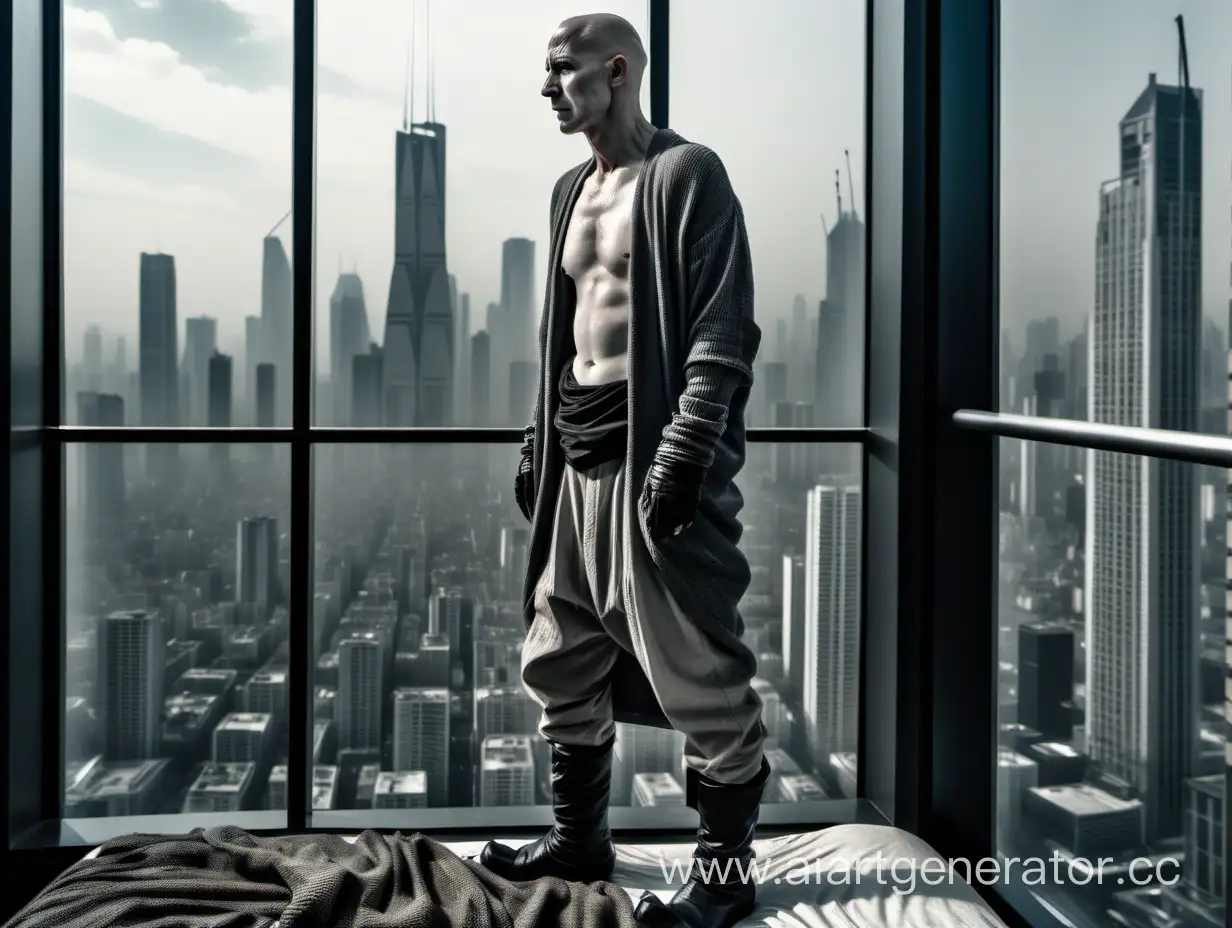 a white bald man wearing a grey cardigan, short pods pants and boots of rick owens, looking from a bedroom of an apartment of a high skyscraper on a city like in blade runner.  show full body. hands n pockets. daytime. very detailed, 4K HQ, depth of field, f/1.2, Leica, 8K HDR, High contrast. Subject: The Human-to-background ratio is visually striking at 1:20