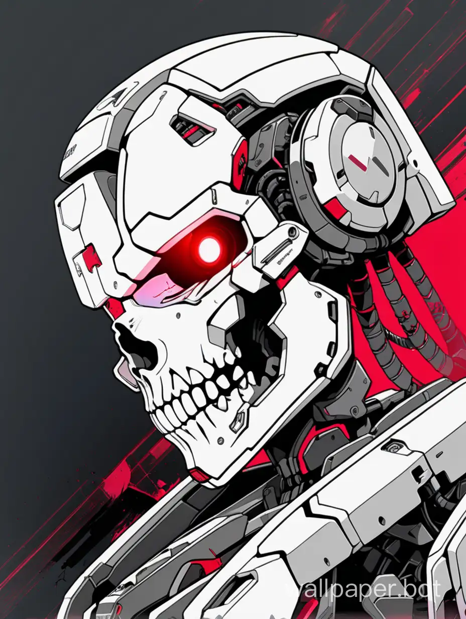 skull young robot, female Beautiful face, smoth laugh, deep face, darkness assimetrical, gundam hiperdetailed, cyberpunk assymetrical  background, torn poster edge,  chromatic glitch color effect, black, white, red, gray, sticker art