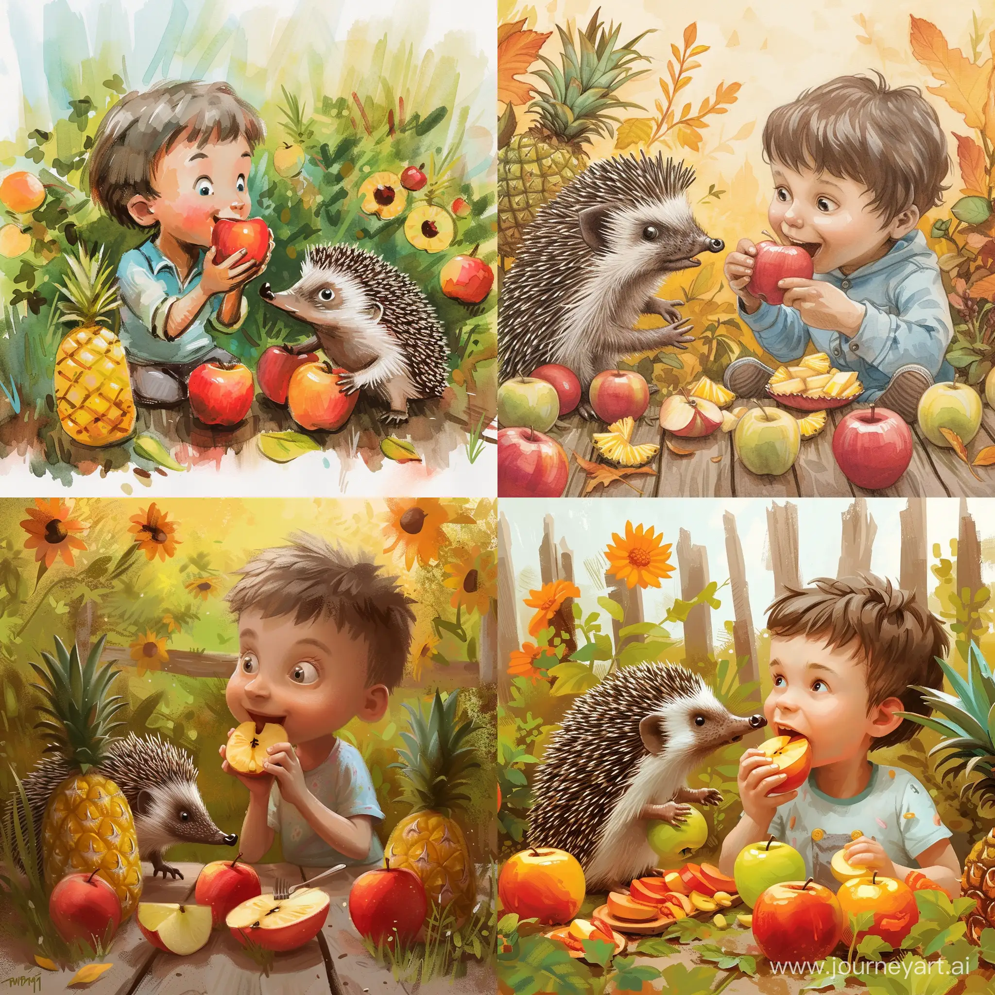 Мальчик Митяй ест яблоки и ананасы в саду с ежиком