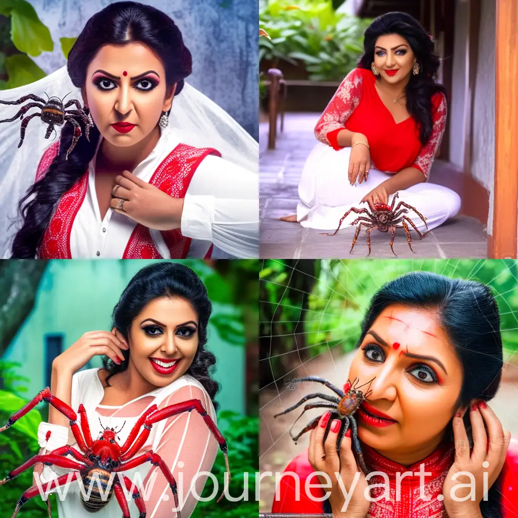 Exotic-Kerala-Woman-in-Red-Kurta-with-Tarantula-Spider-Art
