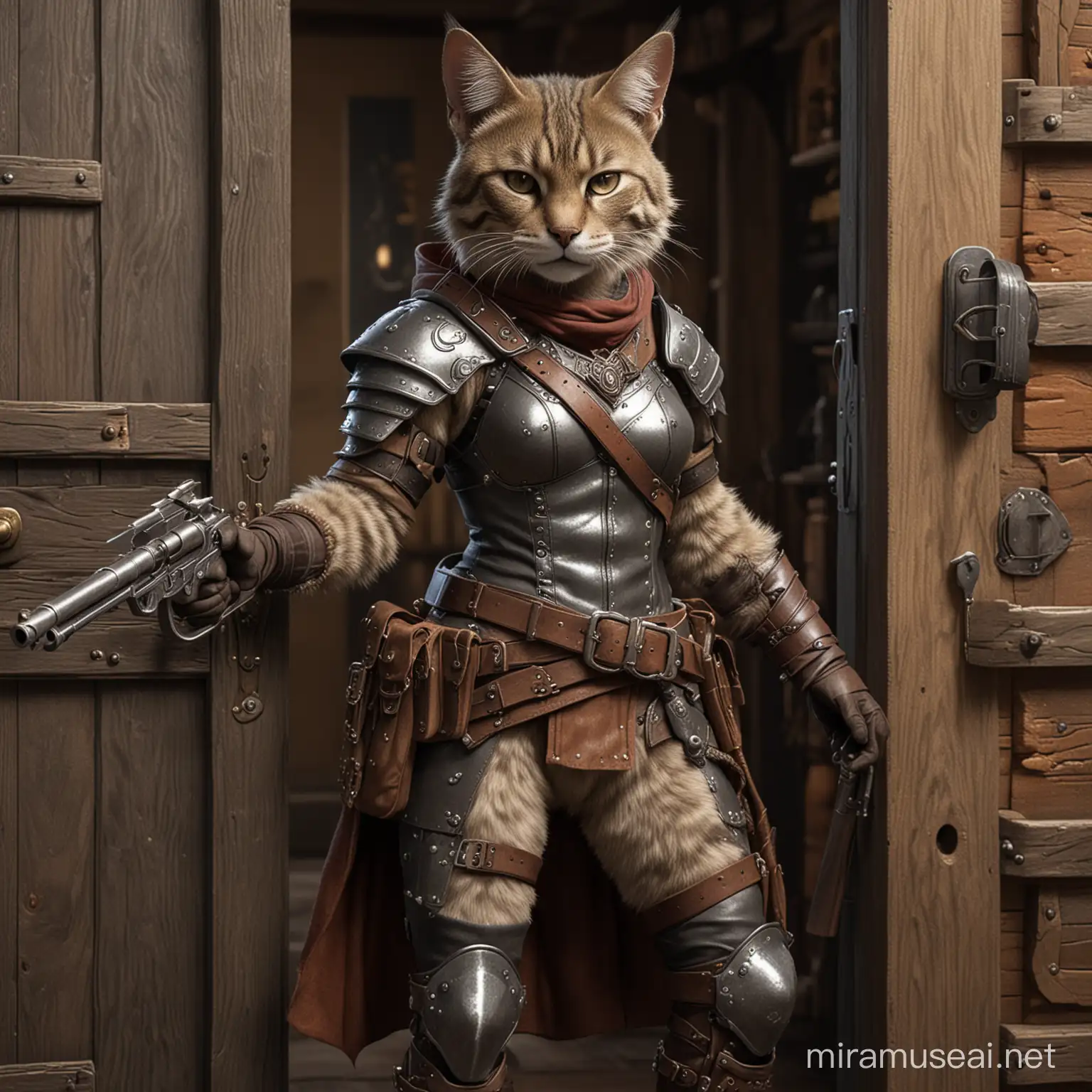 a tabaxi with grey fur and dark face opens the tavern door. She is wearing leather armor and has two revolvers holstered in her belt
