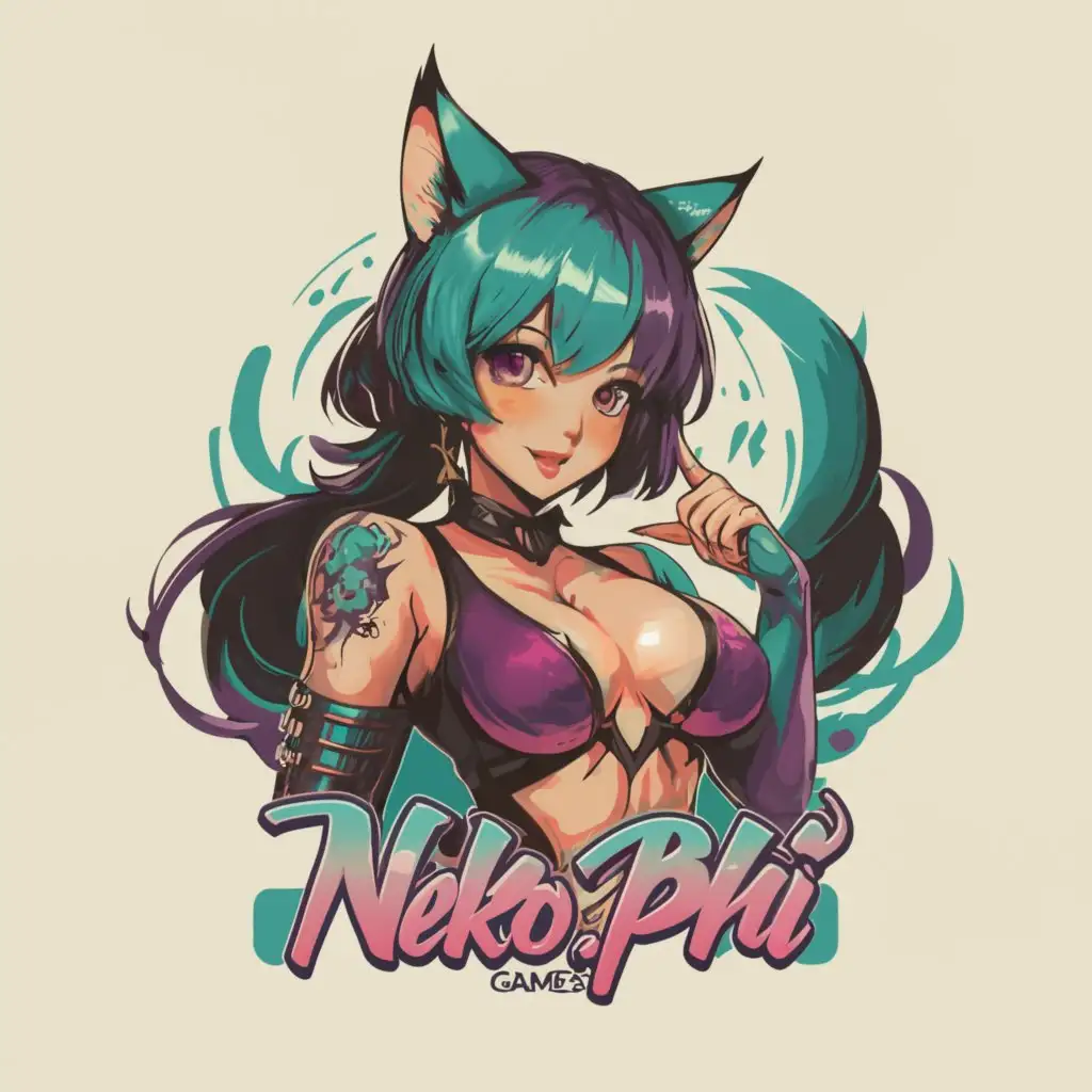 a logo design, with the text 'NekoPhi Games', main symbol: sexy catgirl purple teal anime bra abs tattoos, complex, to be used in Entertainment industry, clear background