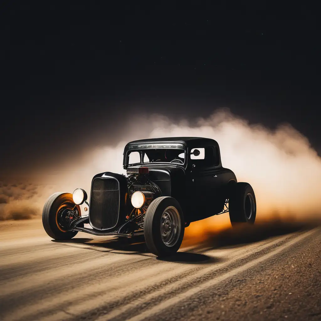 black hotrod racing along dusty road at night
