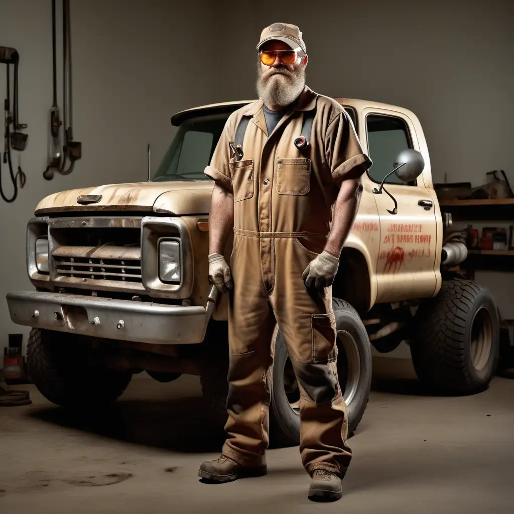 Full body shot of a middle-aged, worried-looking hillbilly mechanic wearing amber glasses. He has a beard.
He wears tan coveralls with blood and motor oil stains on them. He is wielding a wrench.