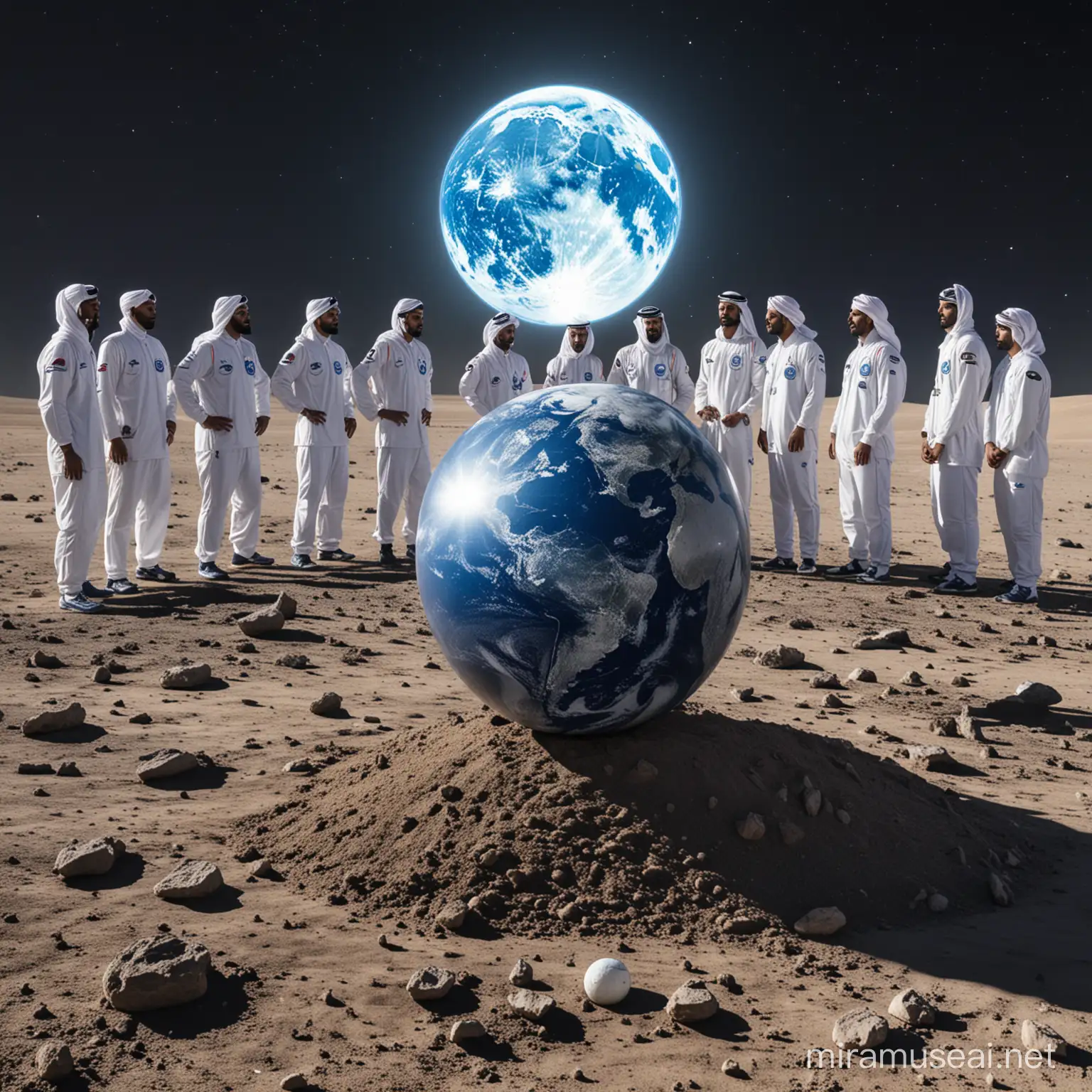 A picture of Al Hilal players holding the ball and standing on the moon while looking at earth while they are not in control of the ground.