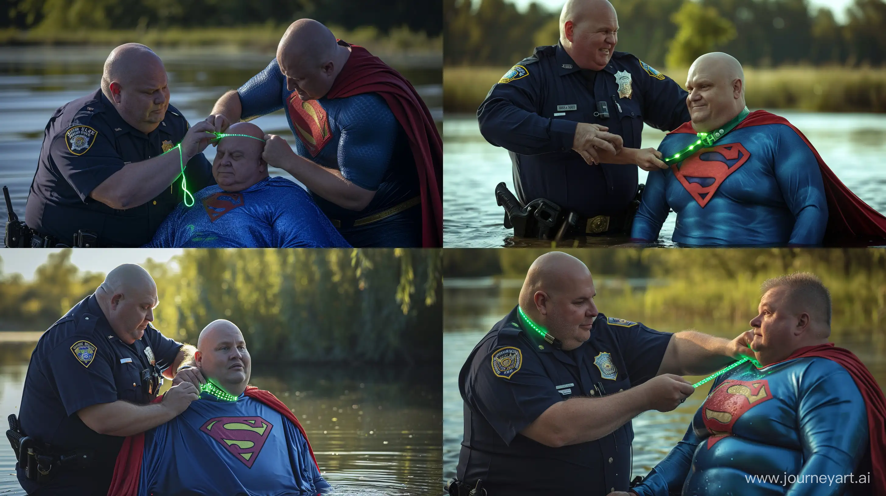 Close-up photo of a chubby man aged 60 wearing a navy police uniform, tightening a green glowing small short dog collar on the neck of another chubby man aged 60 sitting in the water and wearing a blue silky superman costume with a large red cape. Outside. Outside. Natural light. Bald. Clean Shaven. --style raw --ar 16:9 --v 6