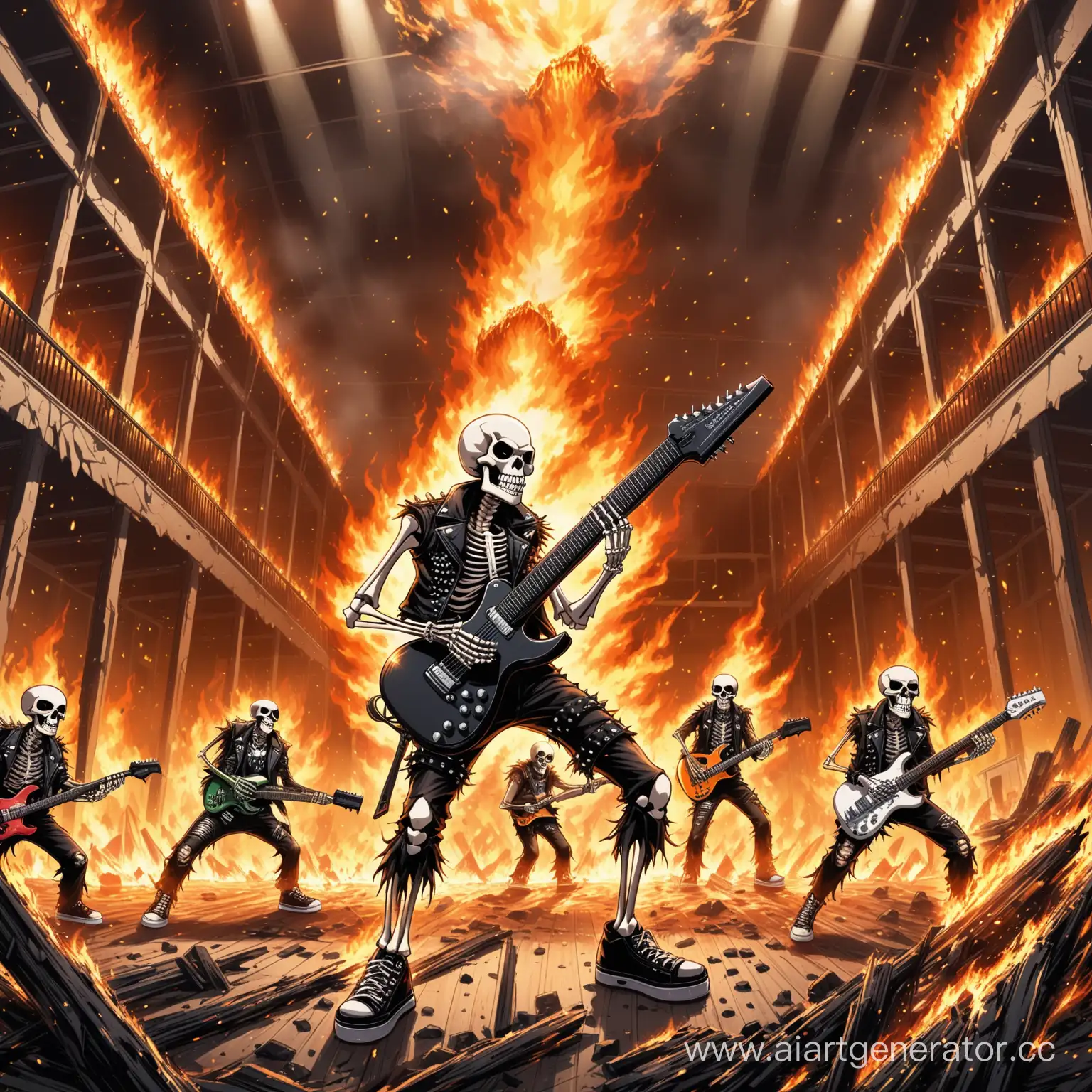 badass angry rockstar skeleton in a punk rock outfit with four hands holding an assault rifle, a pint of beer and a burning guitar on an exploding concert hall 