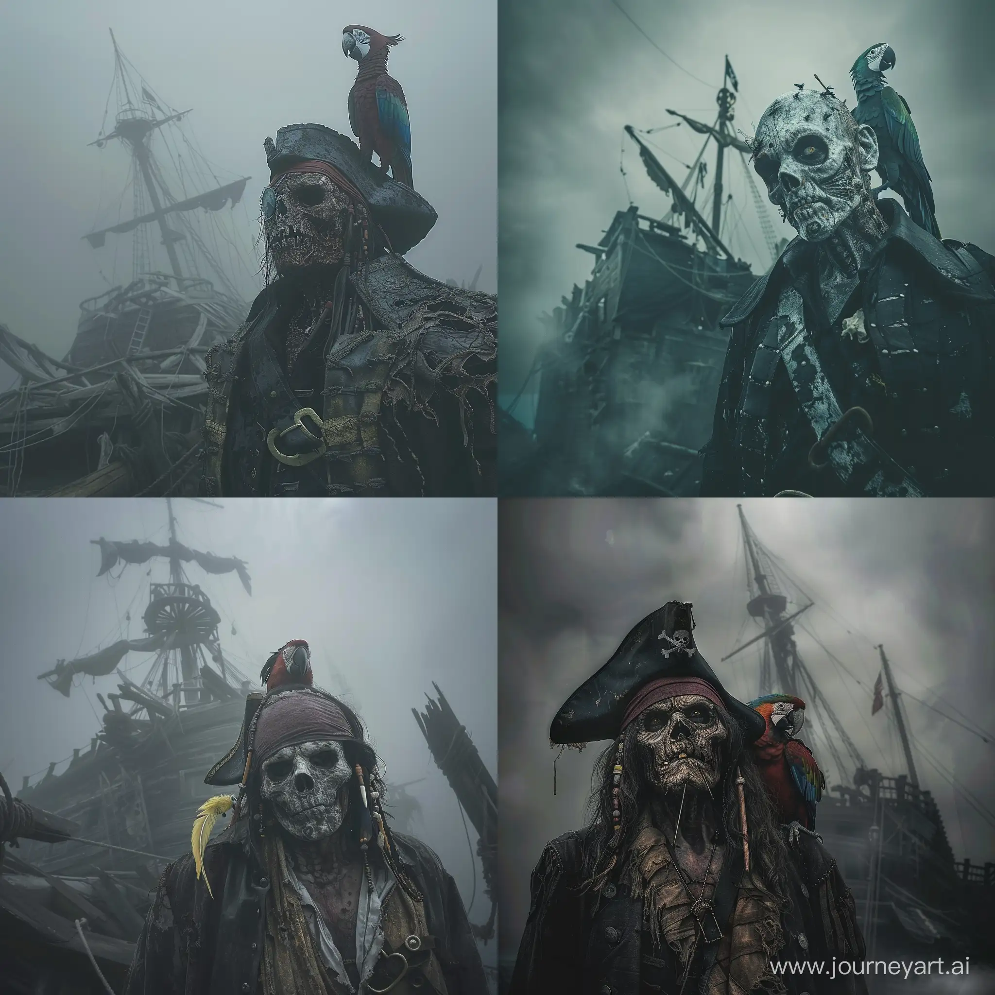 Sinister-Cursed-Pirate-Stands-Amidst-Spooky-Shipwreck-in-Eerie-Fog