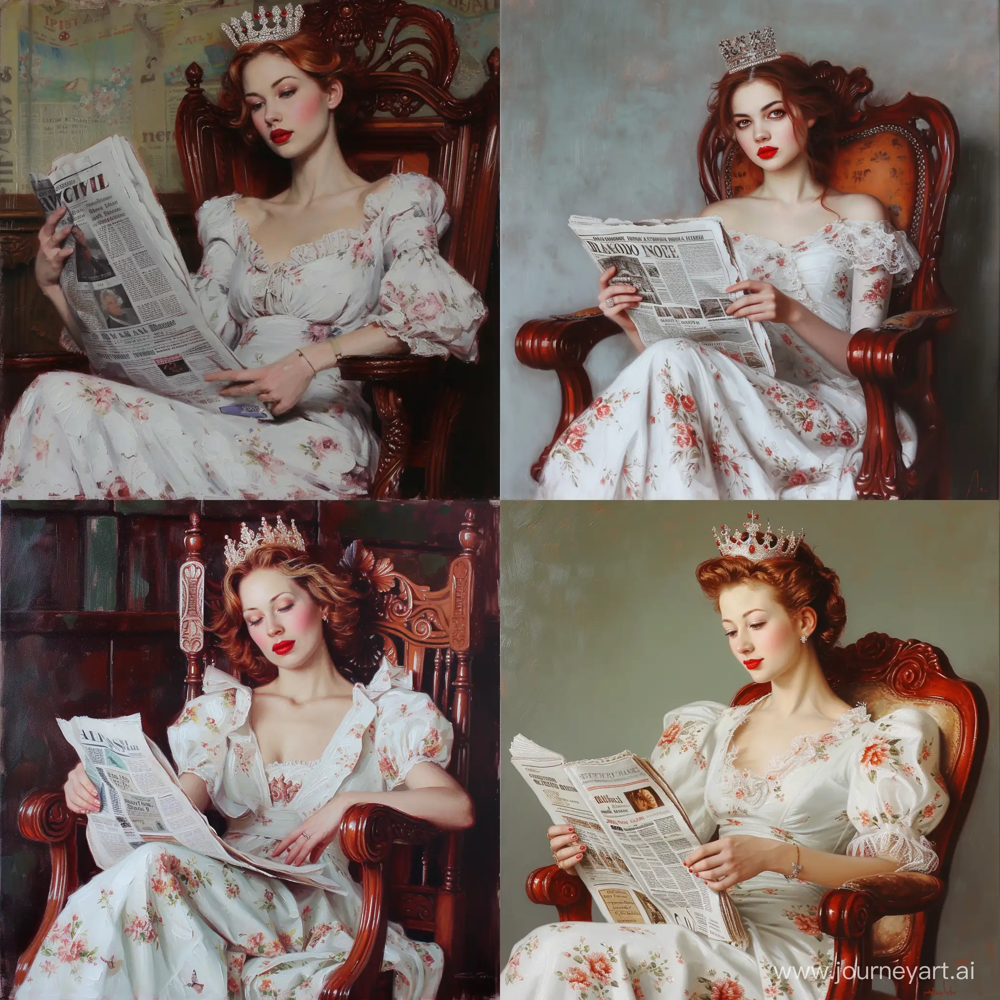 Vintage-Impressionism-Painting-of-a-Crowned-Woman-Reading-Newspaper