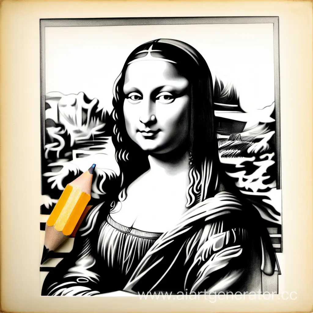 Черновой рисунок карандашом картины моны Лизы Леонардо да Винчи, фотография чёрно-белая
