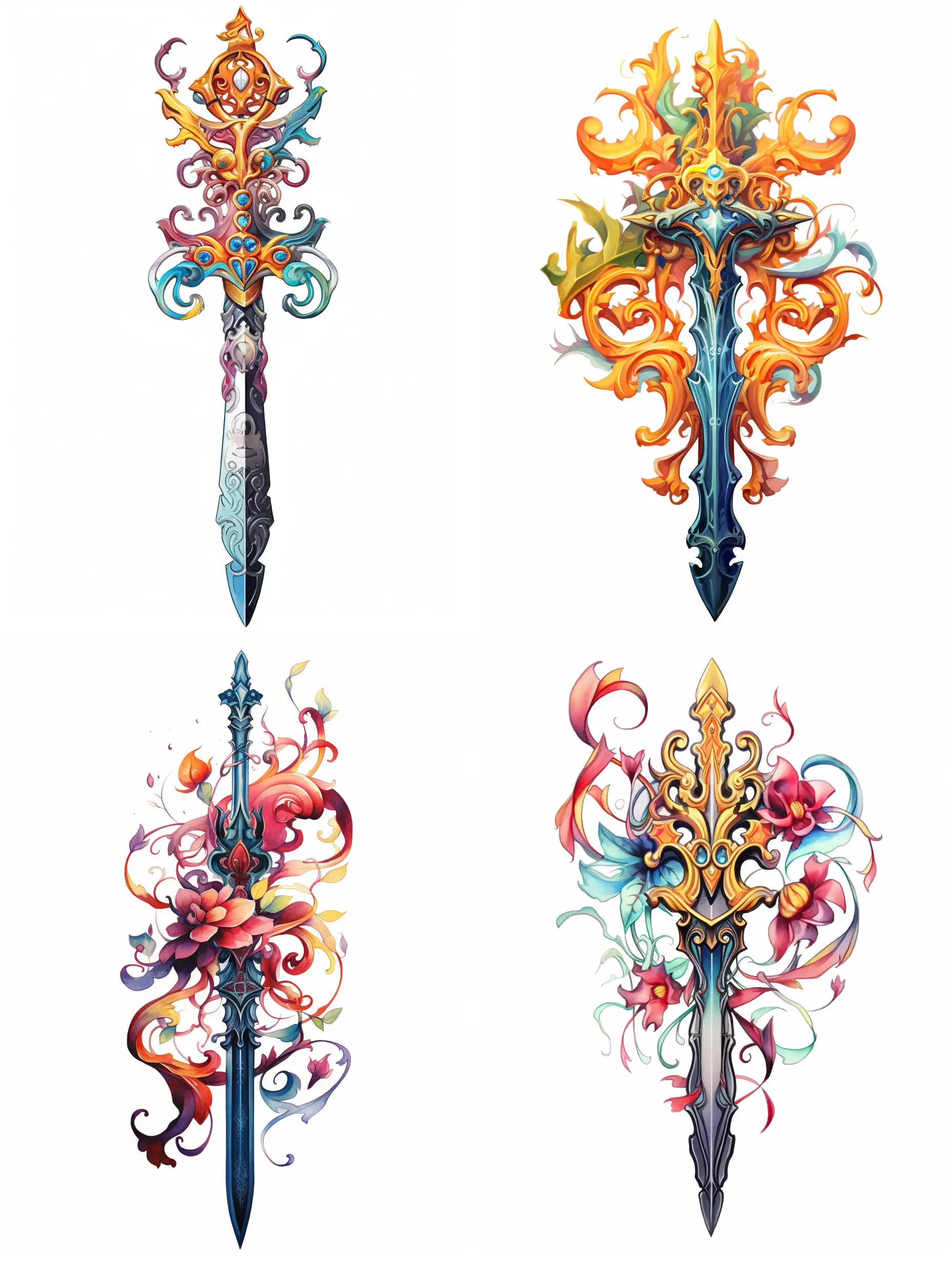 Ancient  sword, stylized caricature, detailed, decorative, bright colors, Victor Ngai, watercolor, ink, on a white background, flat drawing