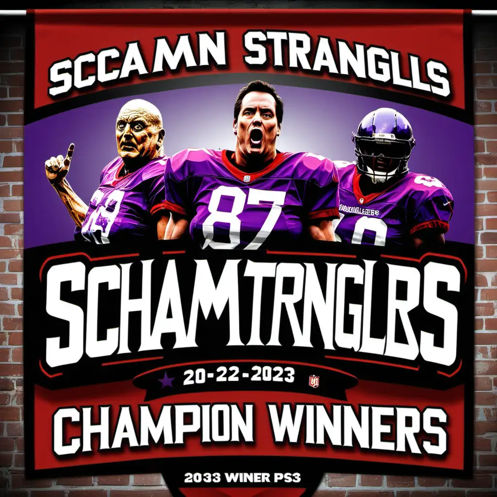 Create bold and dynamic fantasy football sports-style banner with "ScrantonStranglers" emblazoned as the 2023 champion winner
