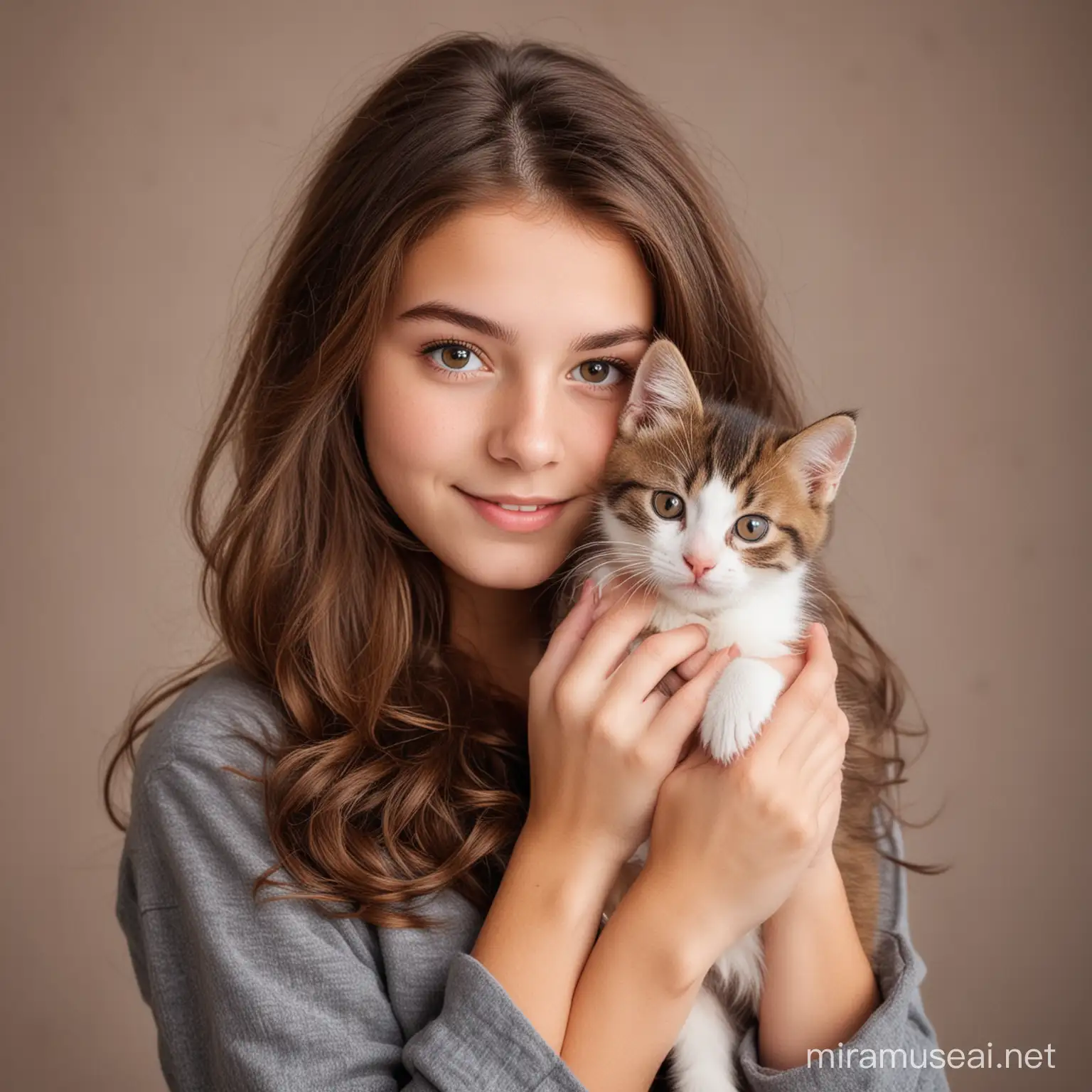 Adorable BrownHaired Teenage Girl Cuddling a Playful Kitten