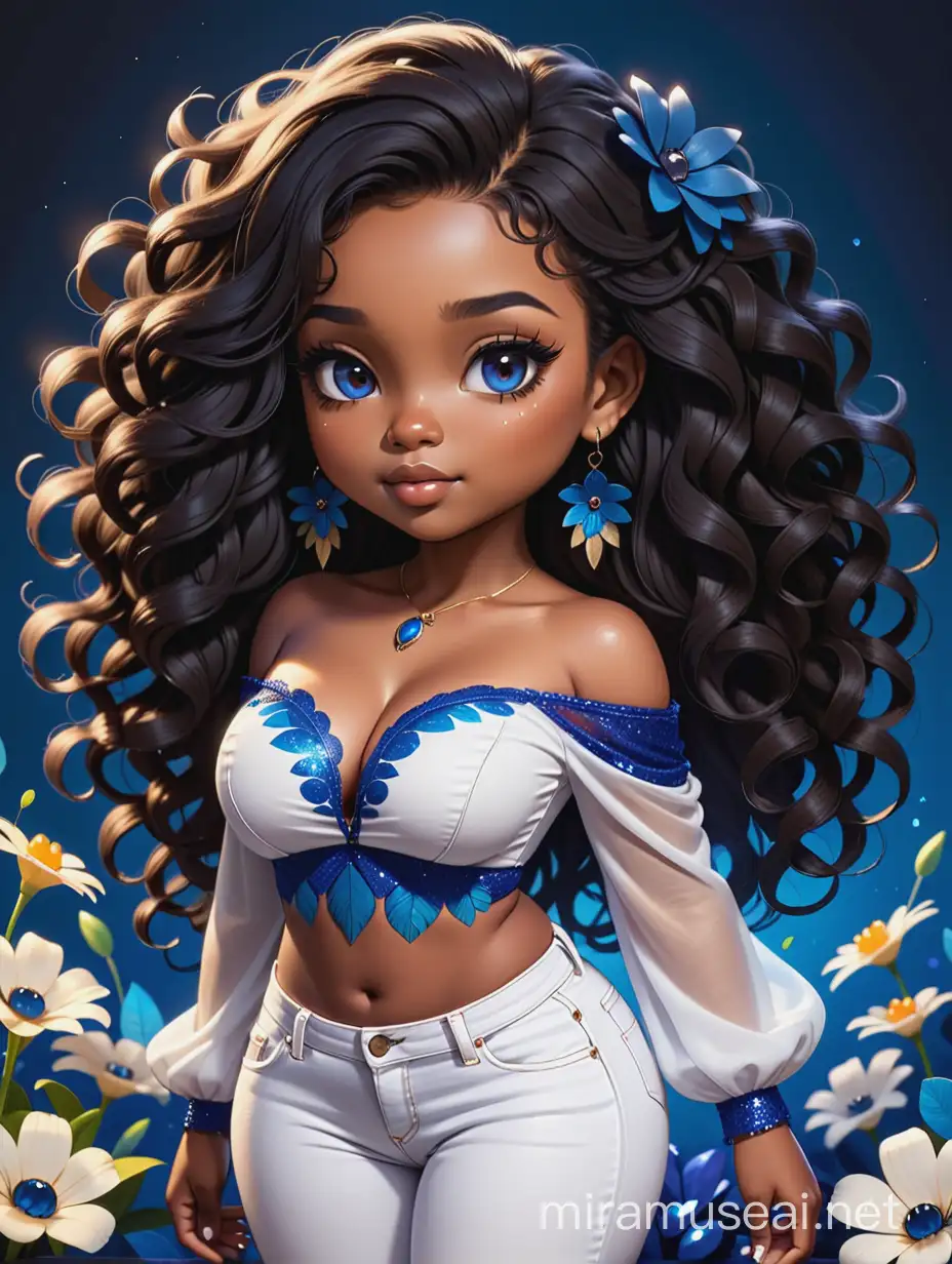 Create a vibrant cartoon art image of a chibi thick curvy black female wearing tight white jeans and sapphire blue off the shoulder blouse. Prominent make up with brown eyes and long lashes. Highly detailed wild long curly black hair flowing in her face. Background of sapphire blue and black large flowers all around. She is wearing feather blue earrings.