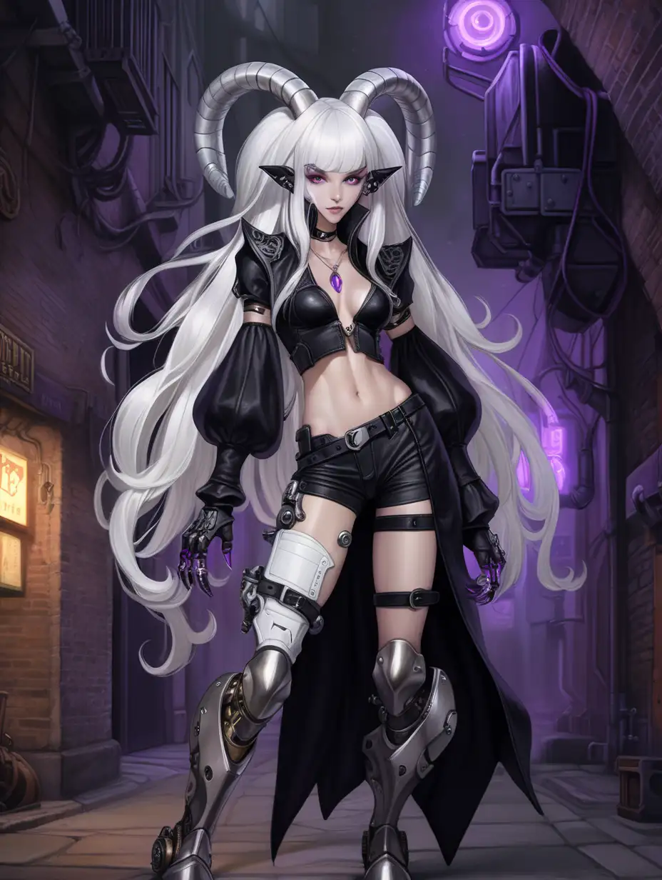 pale peach skin, long, flowing white hair with long bangs tiefling; small black curly ram horns with silver piercings in them; dressed in black leather rogue outfit; robotic mechanical left leg; dark ally in the background; purple energy hands