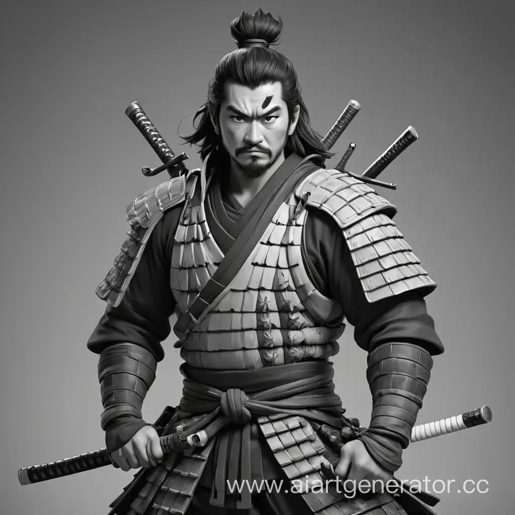 samurai in black and white 3d style in full growth