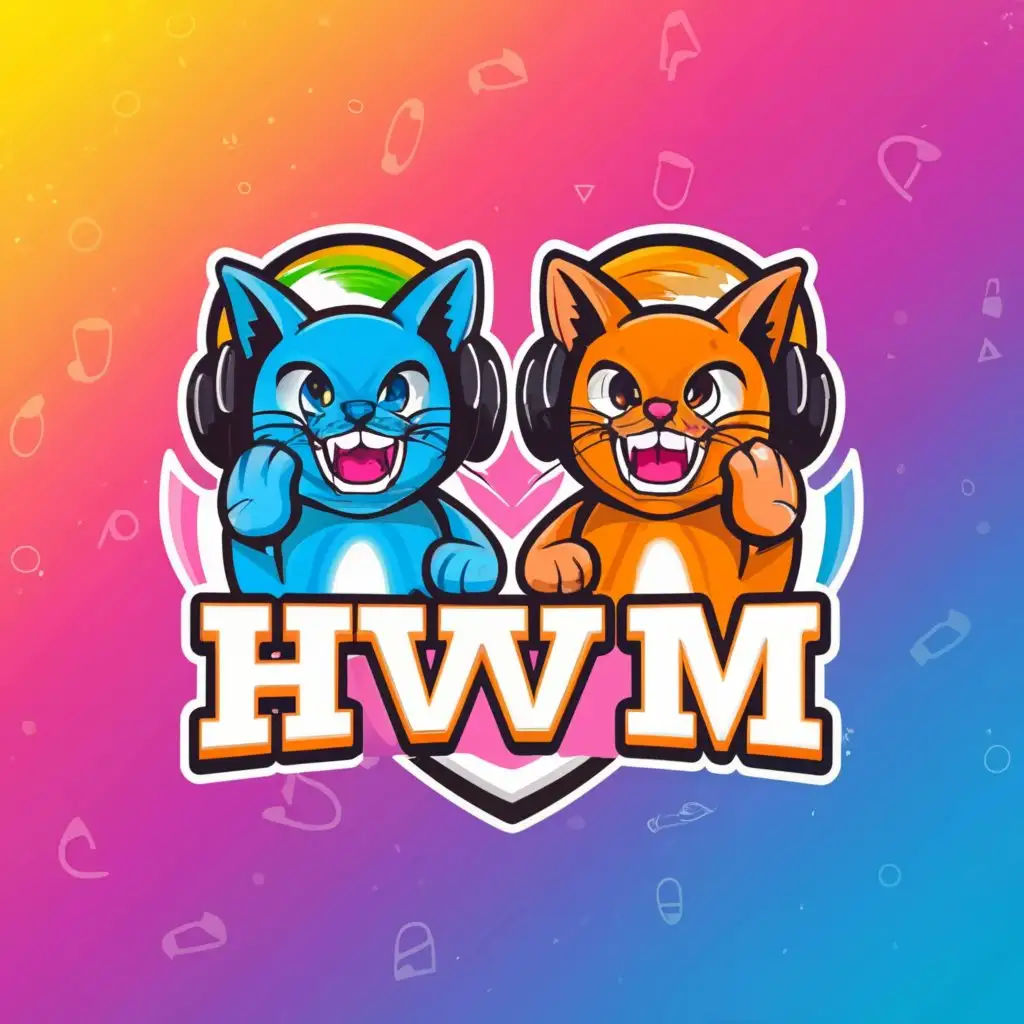 a logo design,with the text "H V V M", main symbol:2 gaming laughing cats with microphone in headset asymetric,complex,be used in Internet industry,clear background