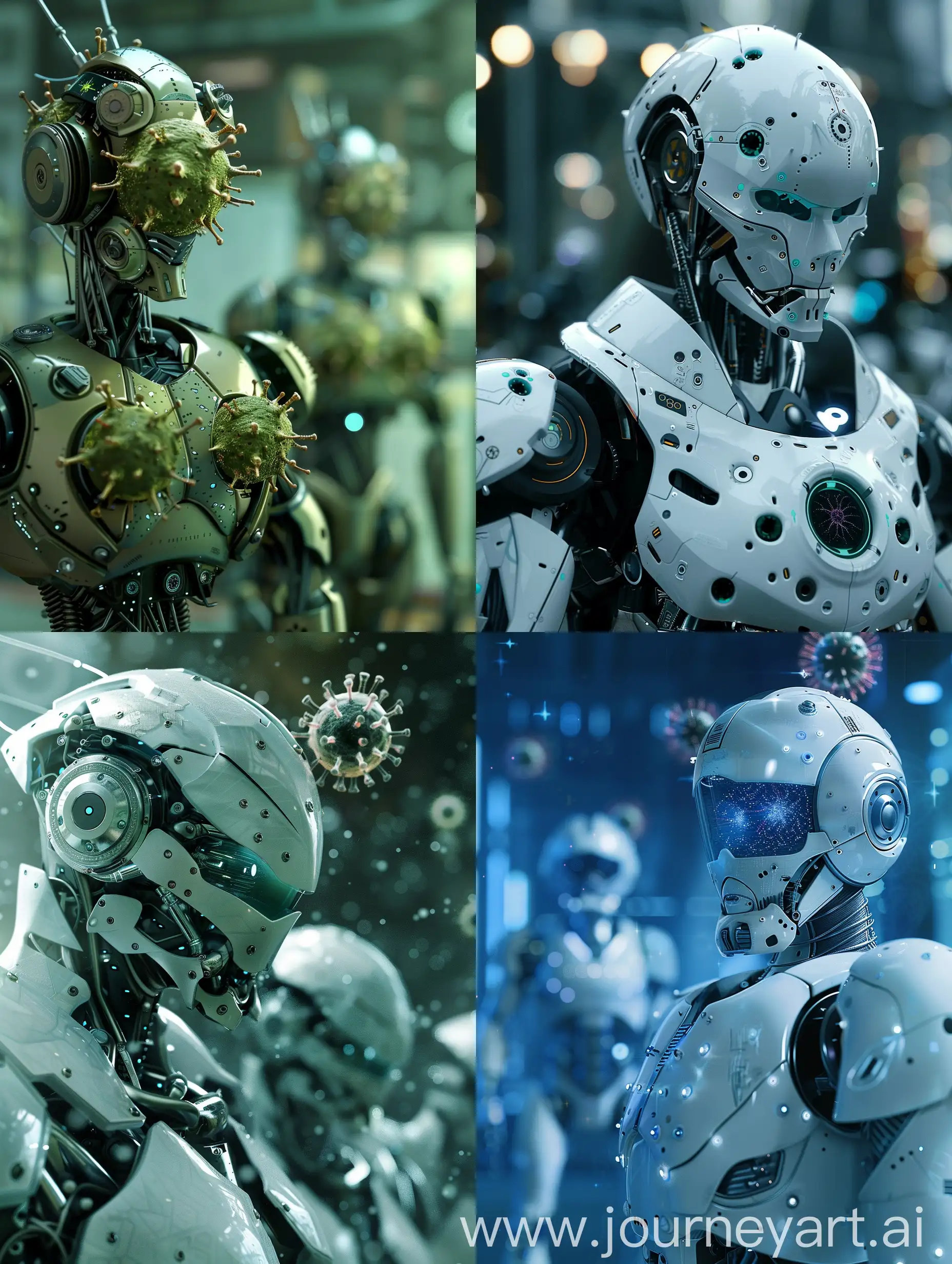 机器人，有思考能力，被病毒入侵，未来战甲，预备作战状态，赛博朋克风格