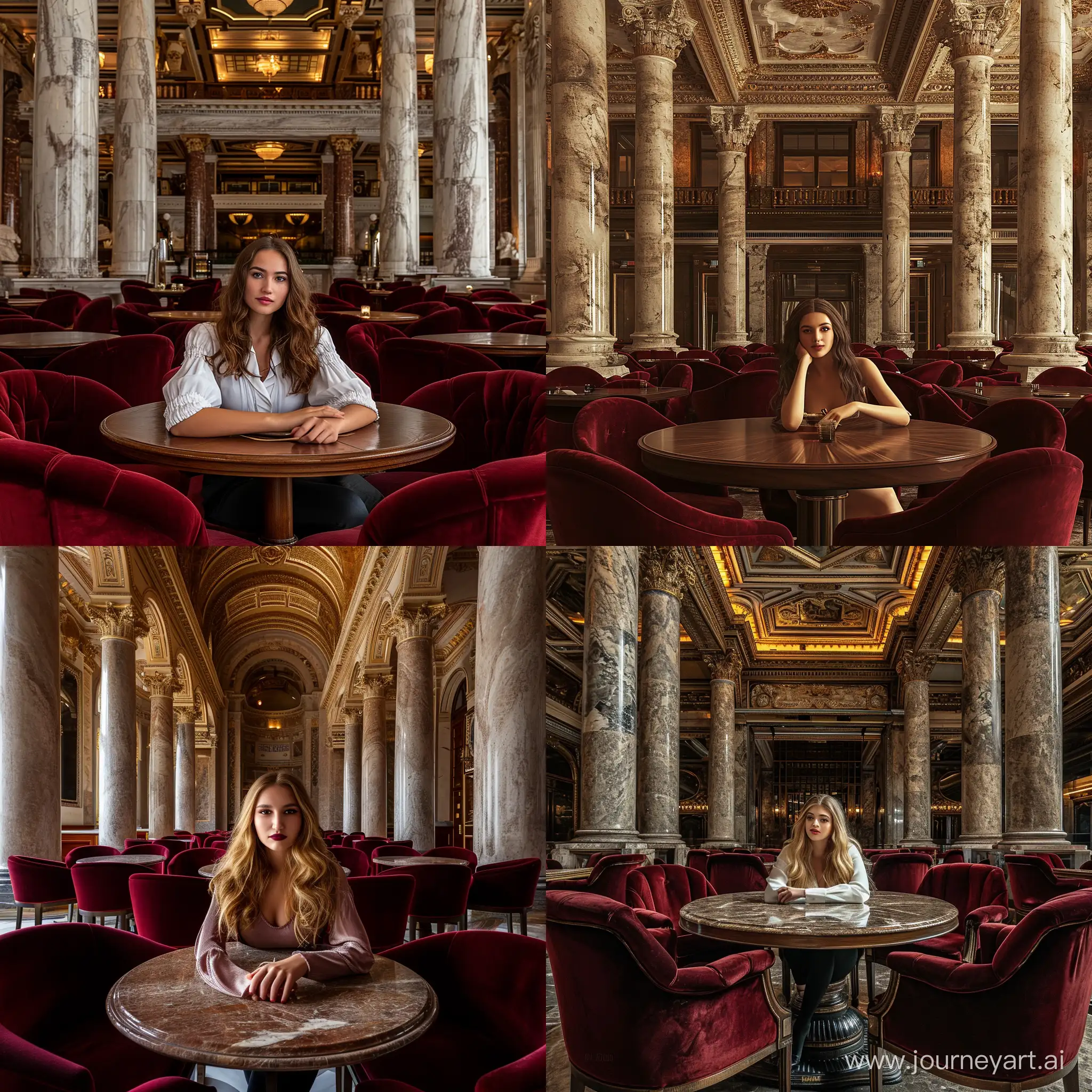 Brunette model who doesn’t exist in real life, sitting in a comfy neo-classical restaurant, deep blood red velvet chairs in a circular shape surrounding a ma mahogany table, double high ceiling, big marble pillars, 