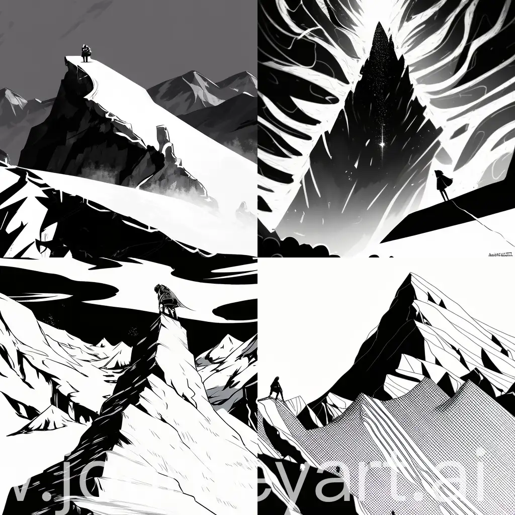 Visualize a person staring at a mountain representing their desire, and then depict them taking the first step towards climbing it, symbolizing undertaking. Use abstract black and white lines. 