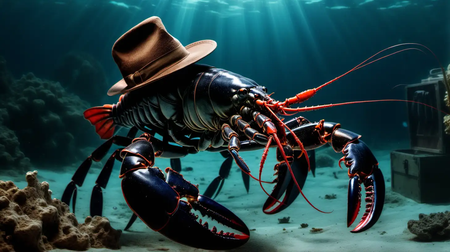 A black lobster wearing an indiana jones hat underwater