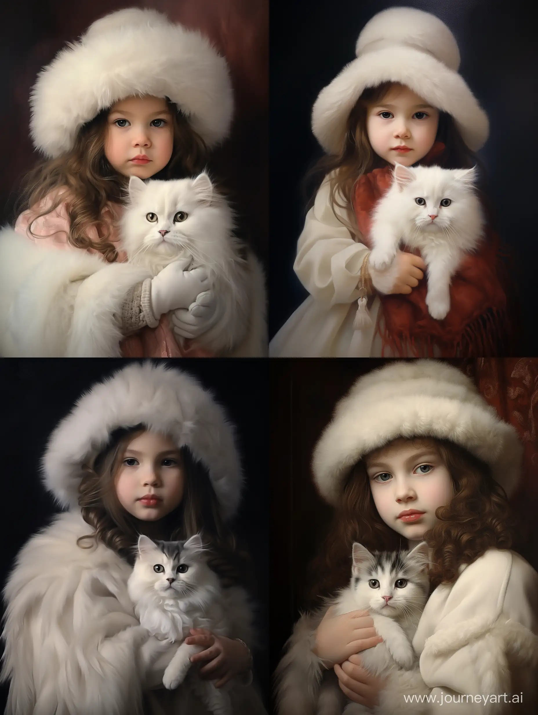 Adorable-Little-Girl-in-Fur-Coat-and-Hat-Cuddling-a-White-Cat