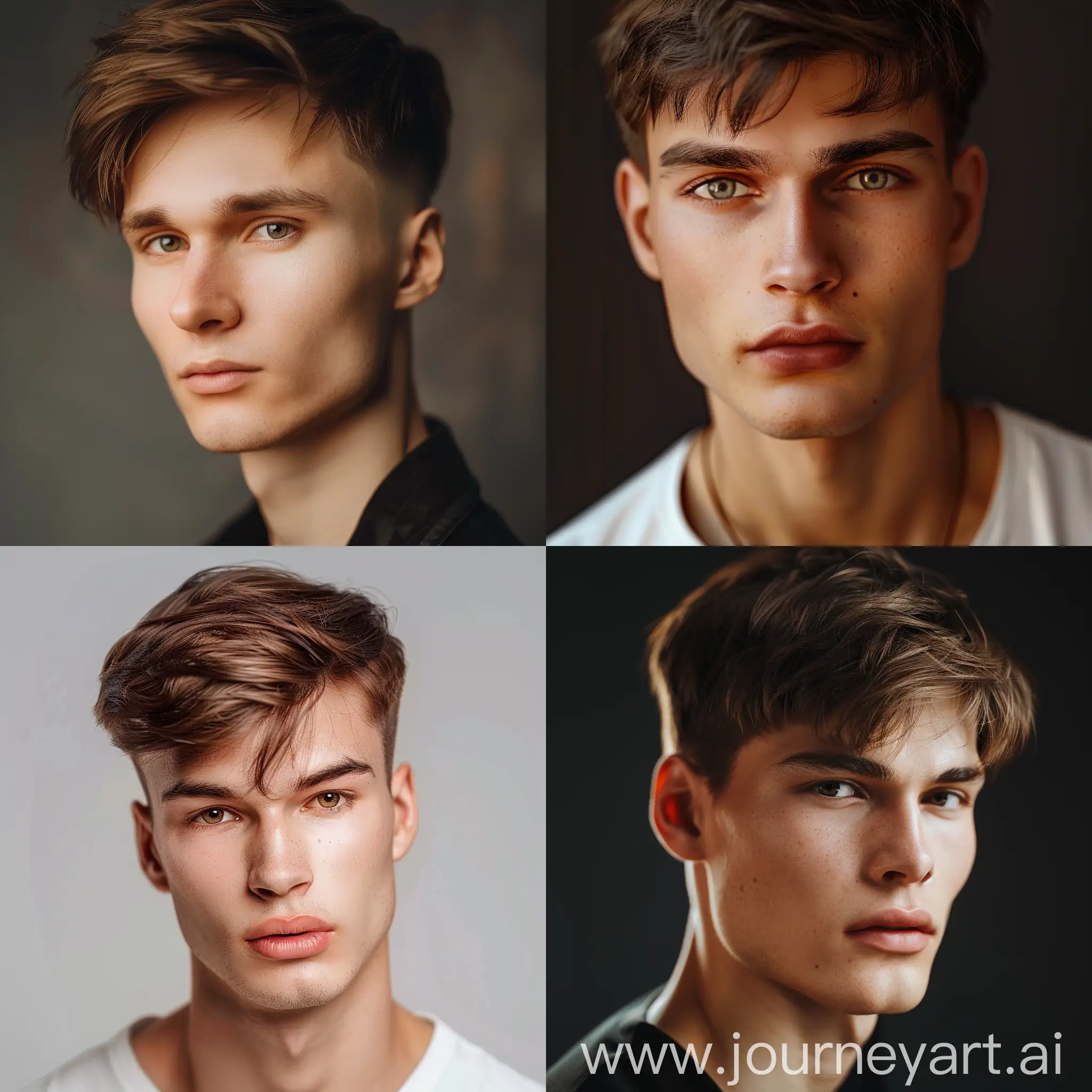 Hyper-realistic fashion photo shoot of a handsome slender young man, brown hair, short haircut, Slavic type of appearance, stylish glamour, 8k, uhd