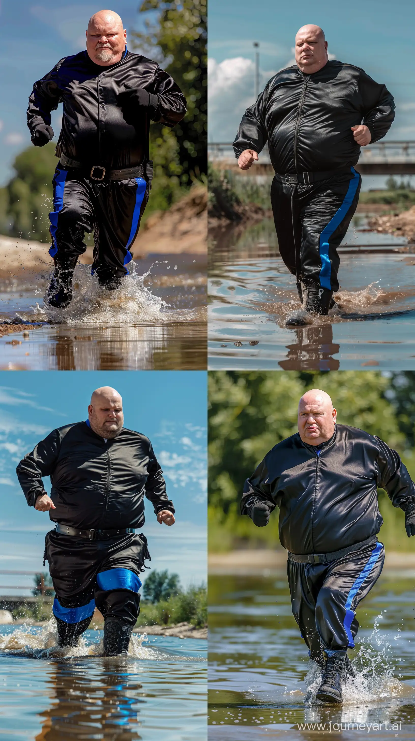 Front view photo of a fat man aged 70 wearing a silk black tracksuit with royal blue stripe on the leg. Black tactical belt and boots. Running in water. Outside. Summer. Bald. Clean Shaven. --style raw --ar 9:16