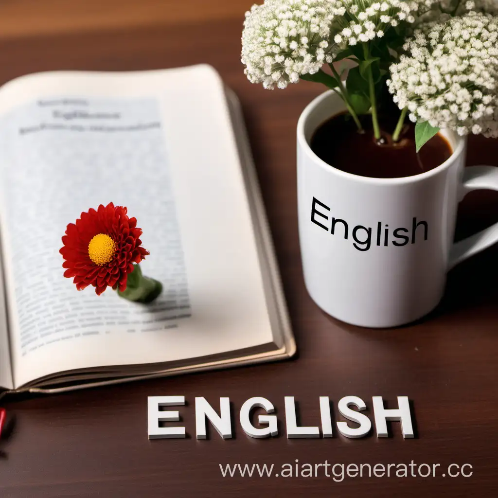 учебник английского, надпись English , на столе терадь кофе рабочая уютная атмосфера. цветок небольшой в прозрачной вазе
