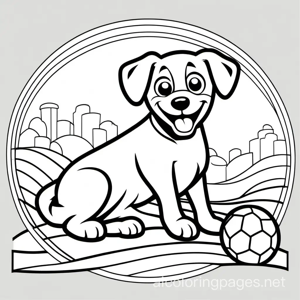 A dog playing with a ball, Coloring Page, black and white, line art, white background, Simplicity, Ample White Space. The background of the coloring page is plain white to make it easy for young children to color within the lines. The outlines of all the subjects are easy to distinguish, making it simple for kids to color without too much difficulty