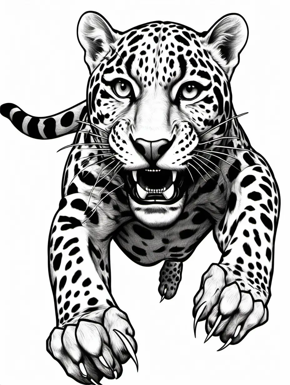 falling jaguar pouncing, paws reaching toward the camera, upside PLONGÉE camera, front head, teeth showing, claws out, detailed lineart, white background