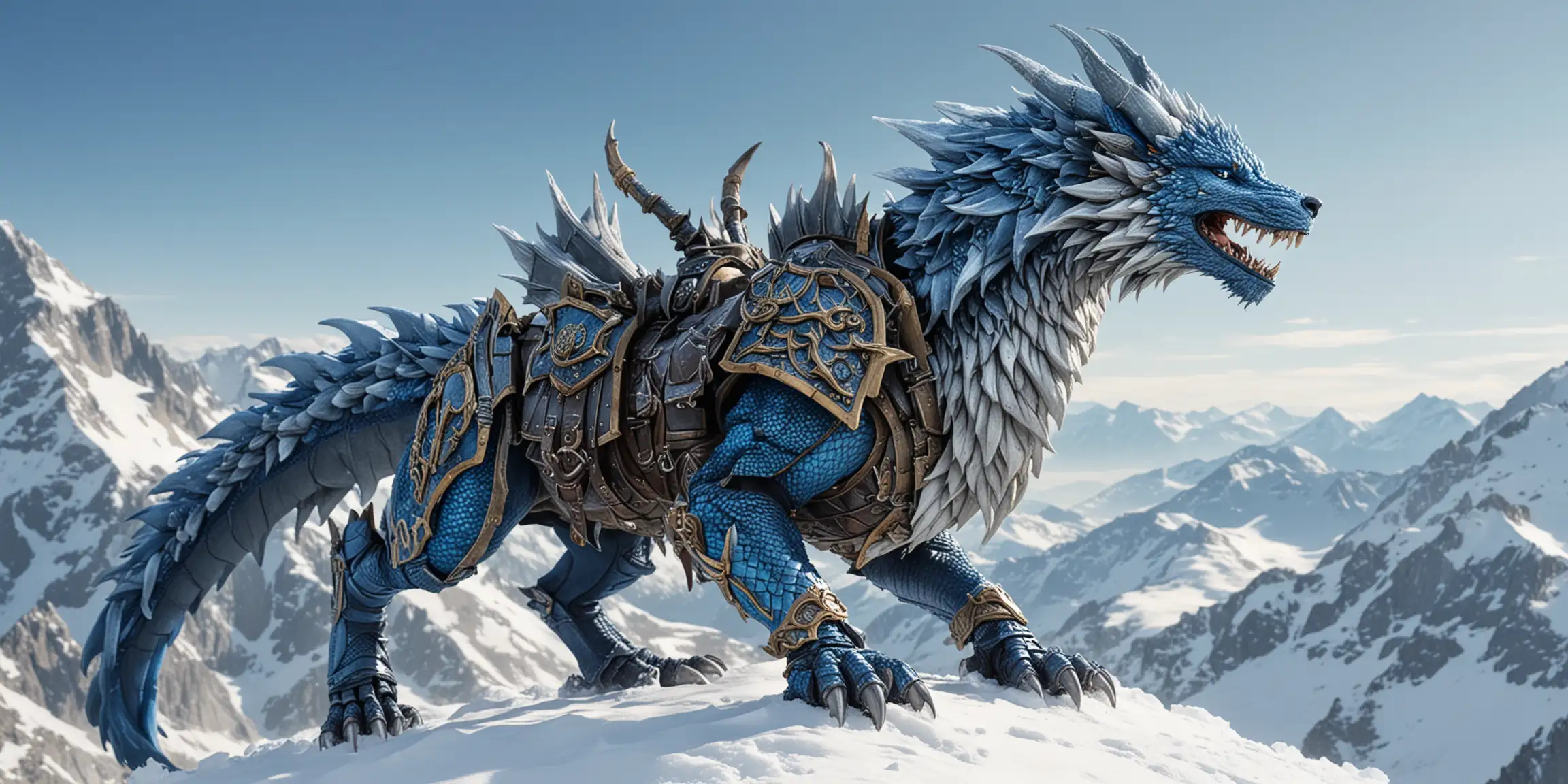 Heavily armored Blue Fox Dragon Knight, on top of a snow mountain, extreme detail 