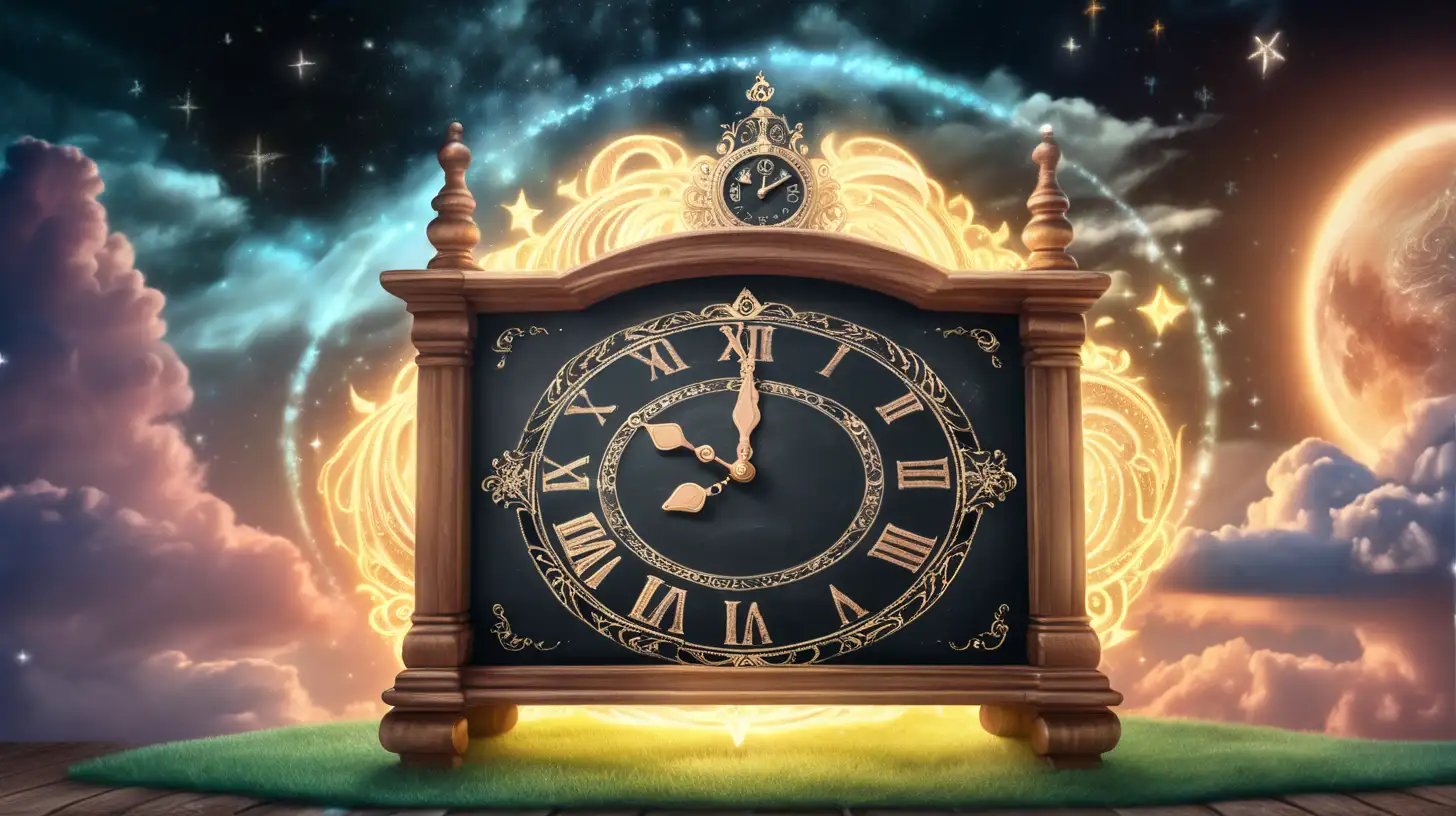 a glowing magical clock clouds and the sun inside of it with magical-fairytale chalk board as a YouTube banner