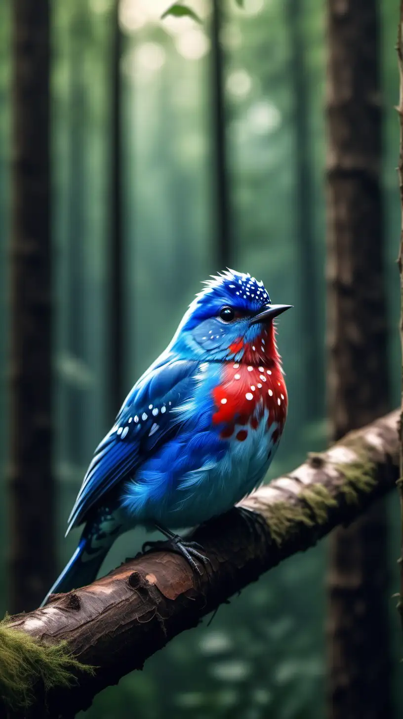 The Blue Bird has a thick beard with round red spots. relaxing in the forest is very cute