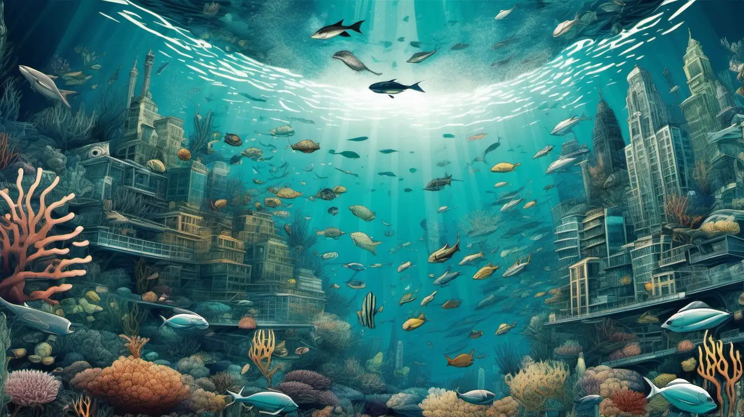 Generate a mesmerizing AI artwork that portrays an otherworldly underwater cityscape, blending marine biodiversity with futuristic elements to emphasize the importance of ocean conservation