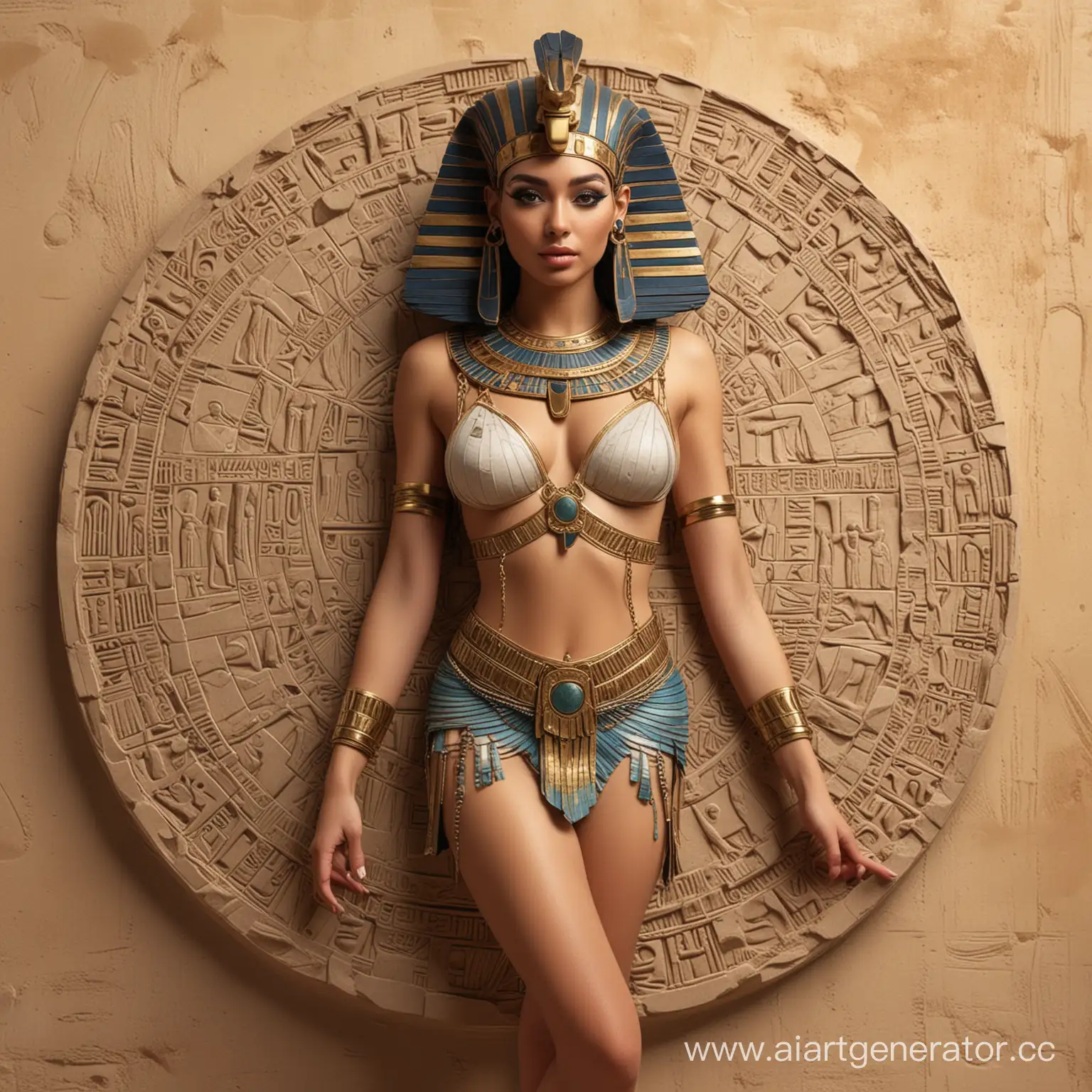 рисунок с объемом, египетская тематика, клеопатра в сексуальном наряде, круглый фон изображеия