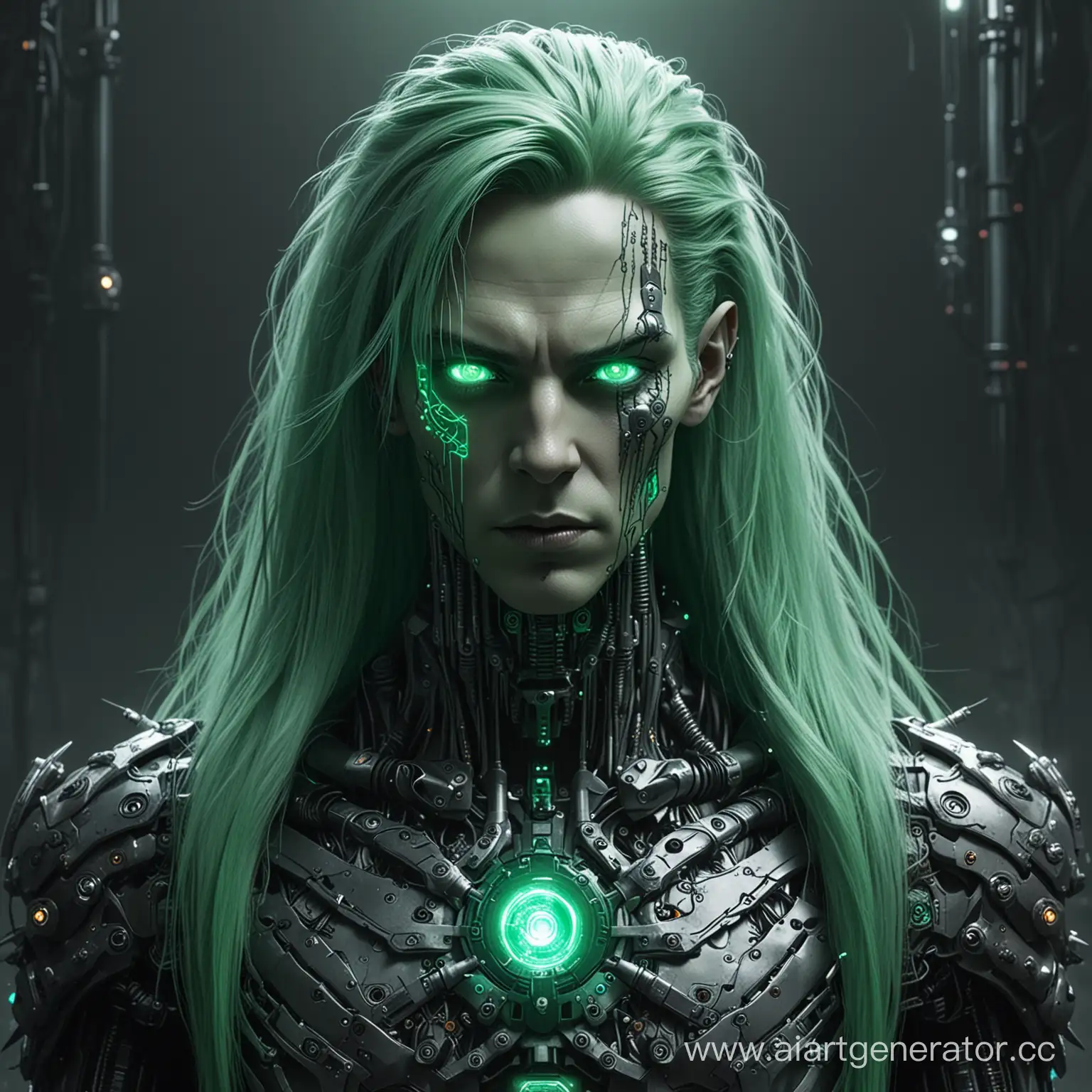 бог подземного мира, с кибернетическими имплантами, с длинными зелеными светящимися волосами, стиль готический киберпанк