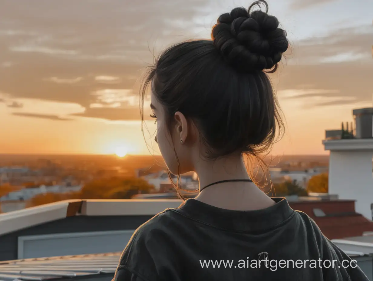 Contemplative-Girl-with-Dark-Hair-Watching-Sunset-from-Rooftop