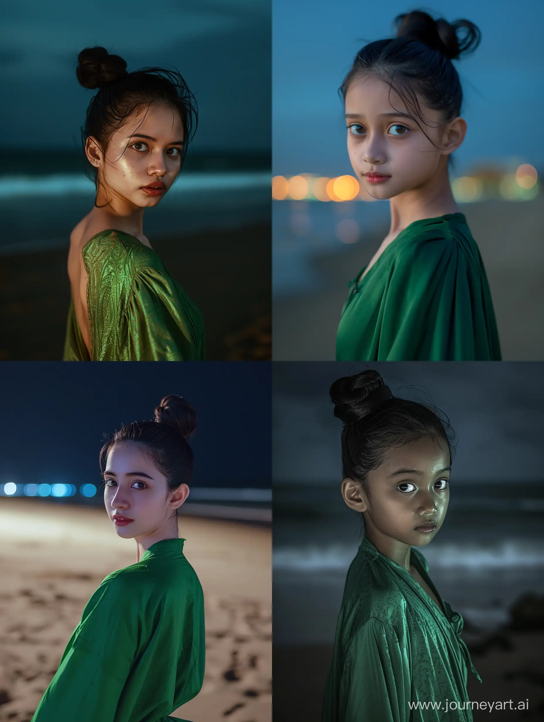 Graceful-Indonesian-Girl-in-Green-Kebaya-on-Night-Beach