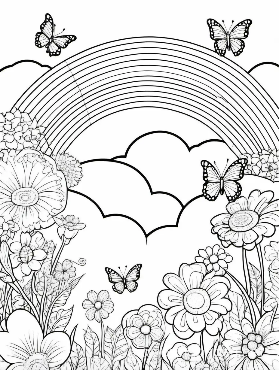 rainbow and clouds and flowers and butterflies, Coloring Page, black and white, line art, white background, Simplicity, Ample White Space. The background of the coloring page is plain white to make it easy for young children to color within the lines. The outlines of all the subjects are easy to distinguish, making it simple for kids to color without too much difficulty