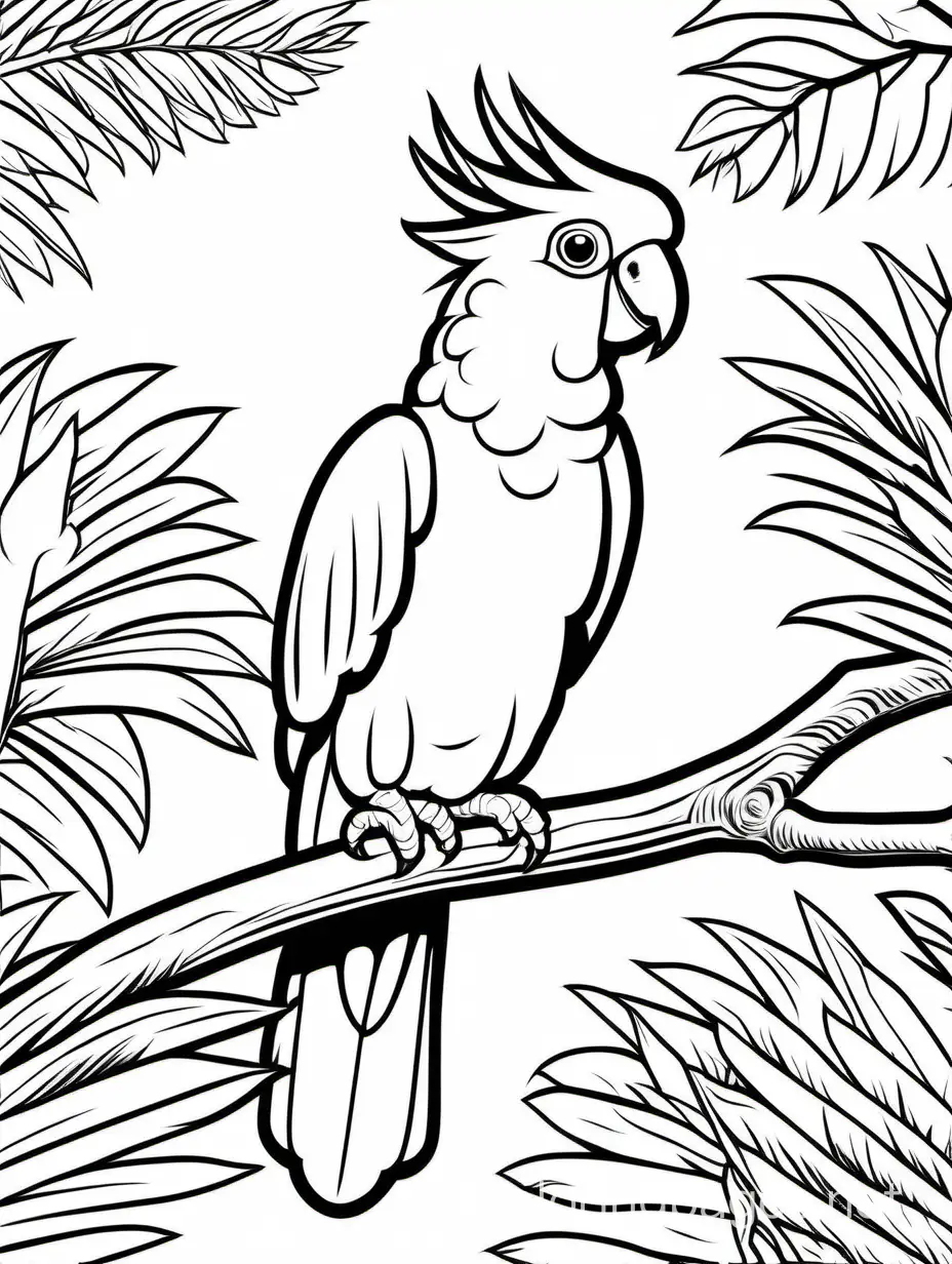 cockatoo on a branch in a forest , Coloring Page, black and white, line art, white background, Simplicity, Ample White Space. The background of the coloring page is plain white to make it easy for young children to color within the lines. The outlines of all the subjects are easy to distinguish, making it simple for kids to color without too much difficulty