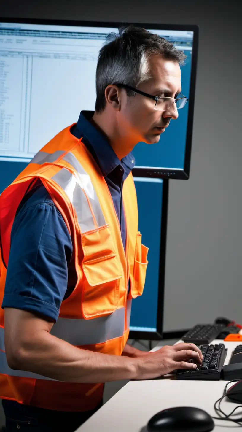 An engineer wearing a safety vest working at a computer