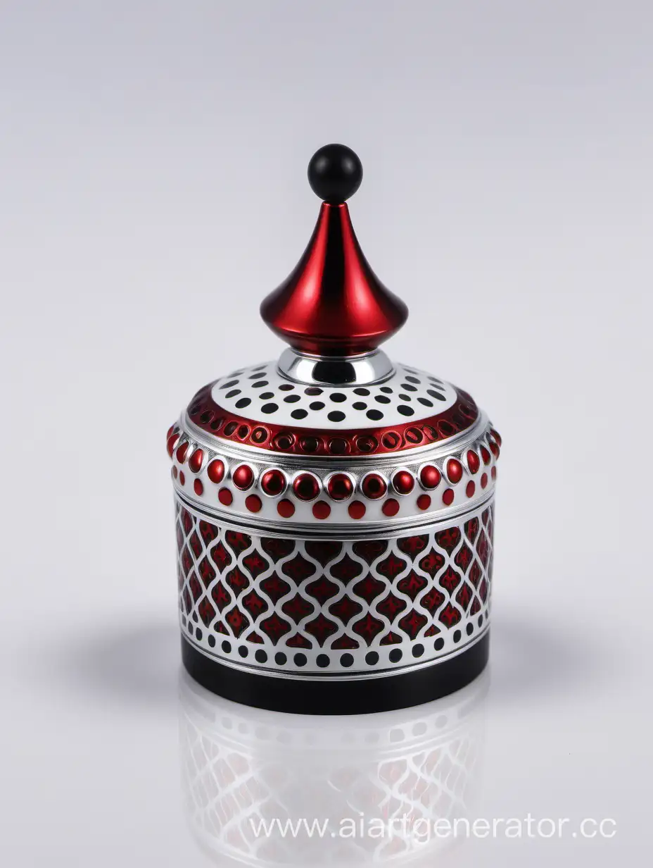 Zamac-Perfume-Ornamental-Long-Cap-in-Pearl-White-and-Black-with-Matte-Red-and-White-Border